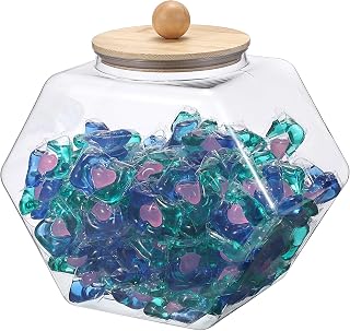 Sumnacon Laundry Pods Container with Wooden Lid, Plastic Laundry Room Organization Jars Farmhouse Wide Mouth Laundry Storage Containers Clear Laundry Pods Holder for Dryer Balls, Beads, Powder