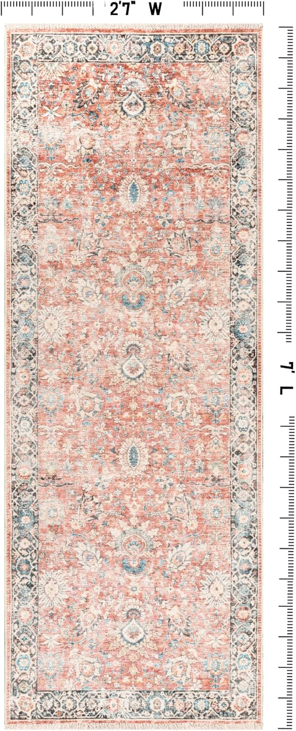 Machine Washable 2'7" x 7' Non-Slip 7 Ft Long Runner Rug for Entryway, Kitchen, Hallway, Bedroom, Bathroom - Vintage Floral, Aria Collection (Light Red/Blue/Pink)