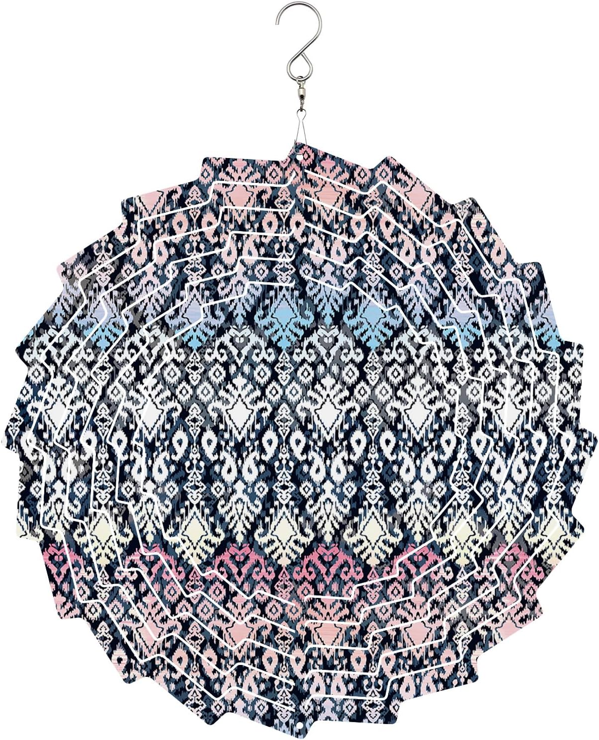 Pink White Blue Ombre Wind Spinner 3D Stainless Steel, 12 in Sun Shape Double Sided Hanging Wind Spinners, Abstract Color Block Garden Art Wind Sculpture for Yard Porch Front Door