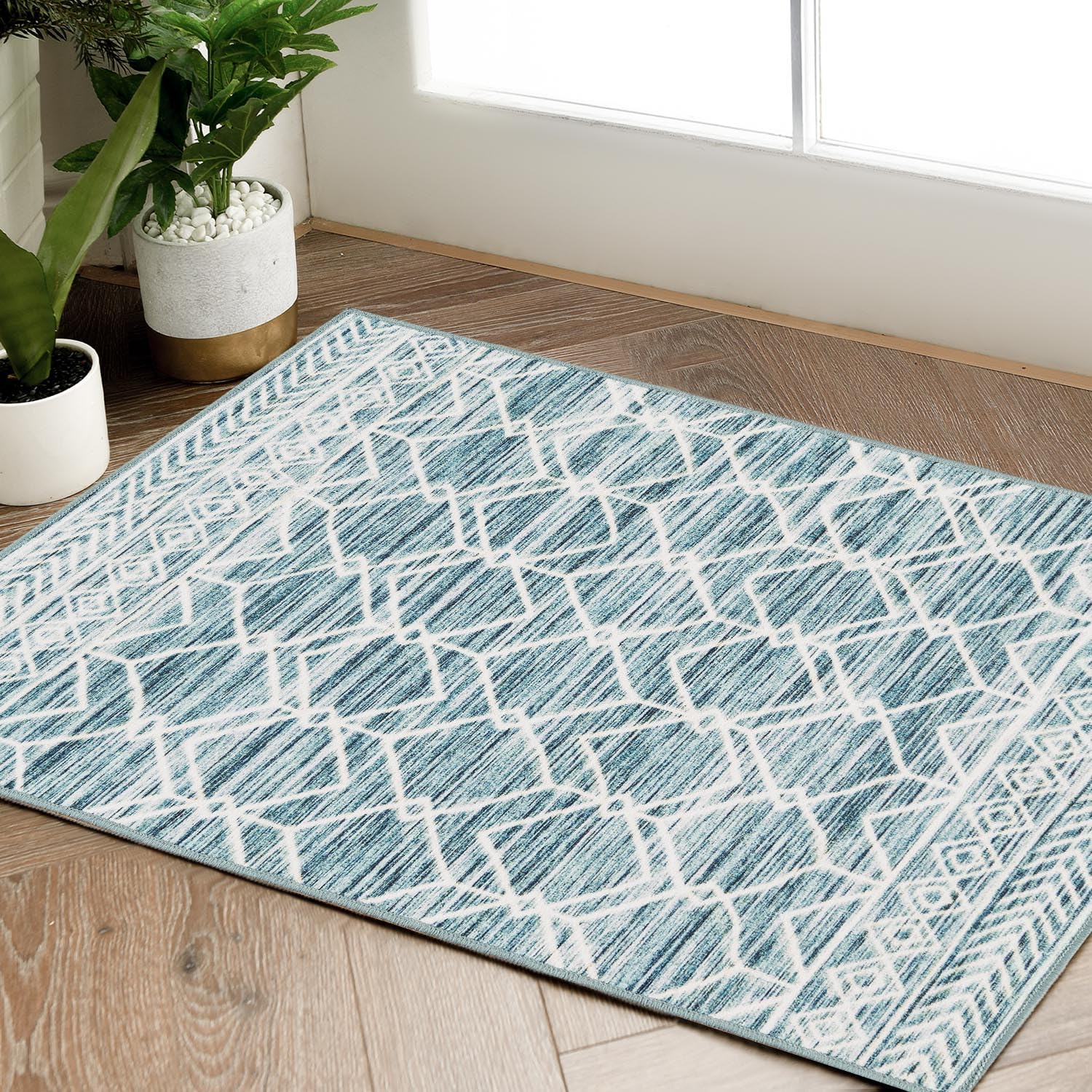 jinchan Washable Boho Area Rug 2x3 Entryway Moroccan Rug Low-Pile Geometric Rug Stain Resistant Non-Slip Ultra-Thin Carpet for Kitchen Bedroom