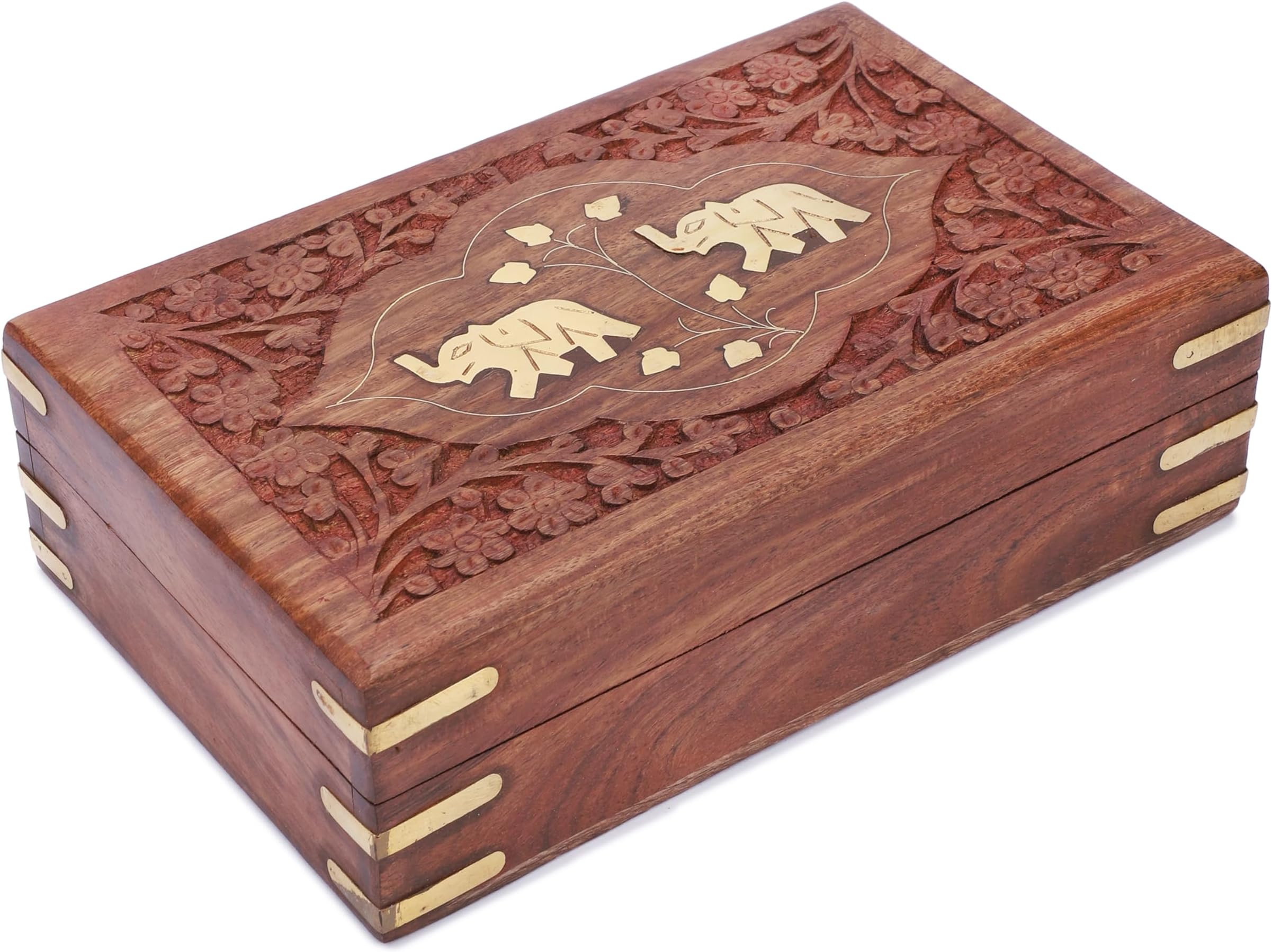 Ajuny Handcrafted Wooden Jewelry Box Elephant Design Solid Multipurpose Keepsake Storage Travel Organizer Treasure Chest Vintage Decorative Trinket Holder Gifts 8x5 Inch