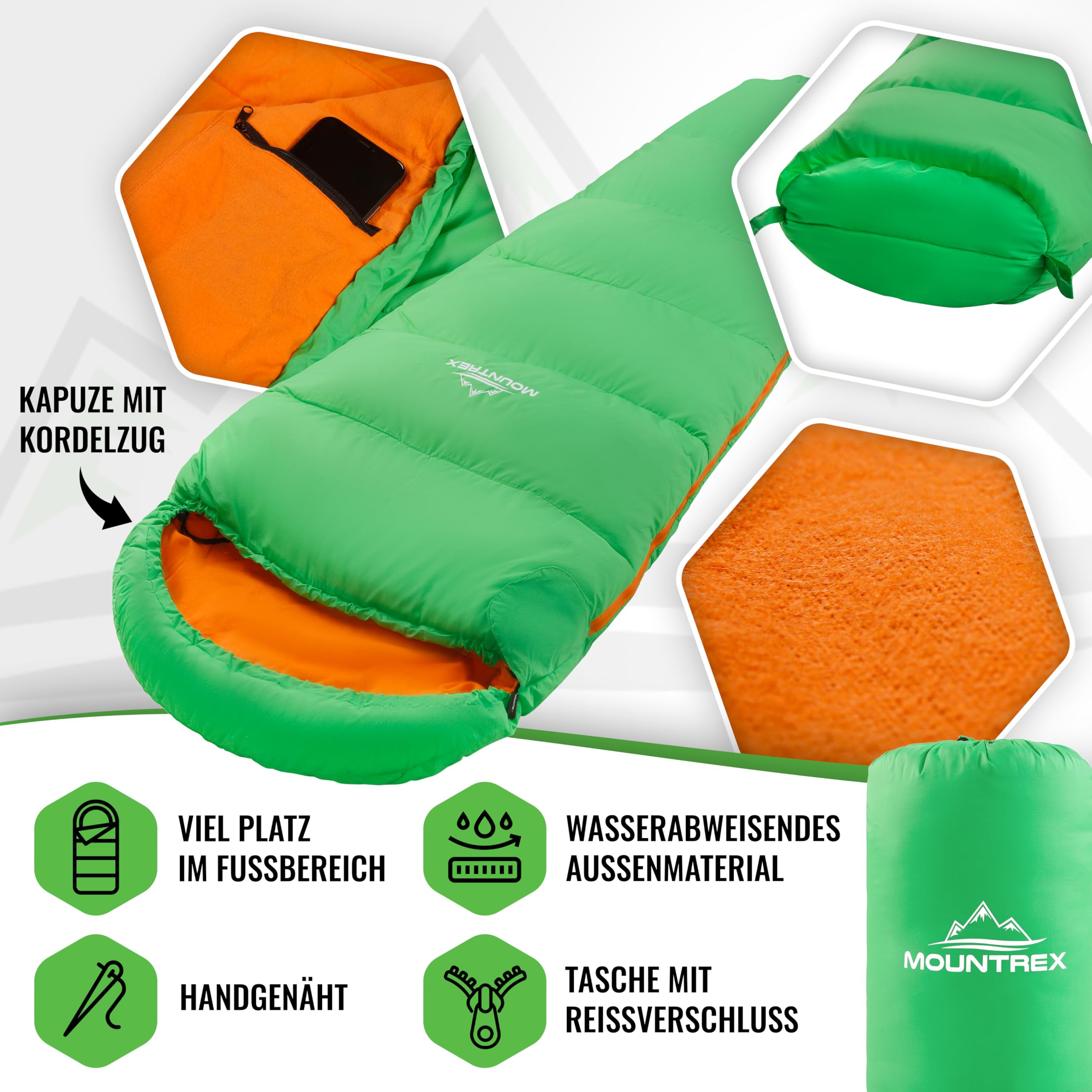 MOUNTREX Śpiwór dziecięcy – śpiwór dla dzieci, 100% bawełniana wyściółka wewnętrzna | Śpiwór typu mumia (175 × 70 cm), 5 do 15°C – lekki, mały rozmiar po spakowaniu i przenośny jak plecak