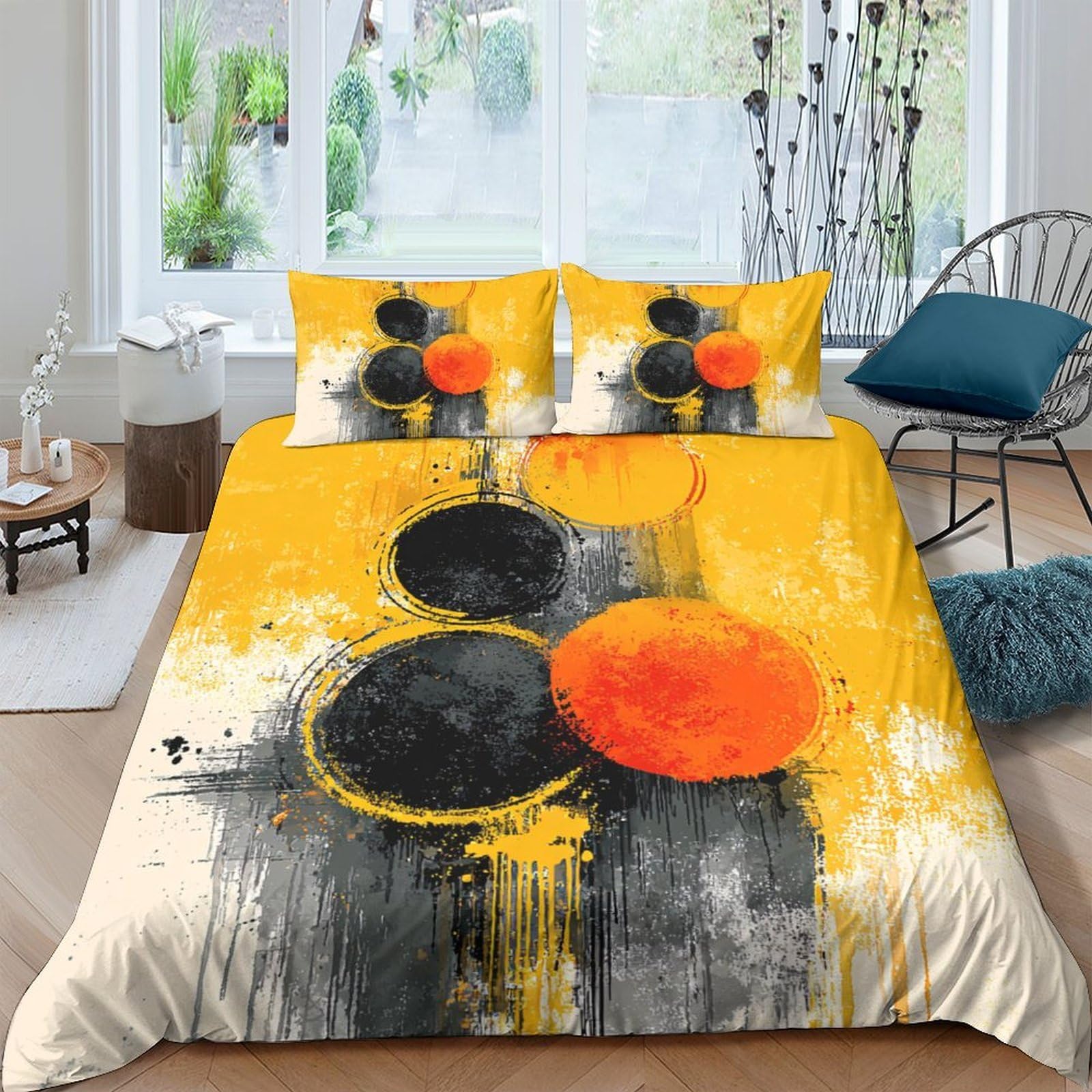 Ctjqhvkz Style-4 3D Printed Abstract Art Fitted Sheet Microfiber Soft Yellow Black Orange Circle Bed Cover For Bedroom Dorm Decor Single（135X200cm）