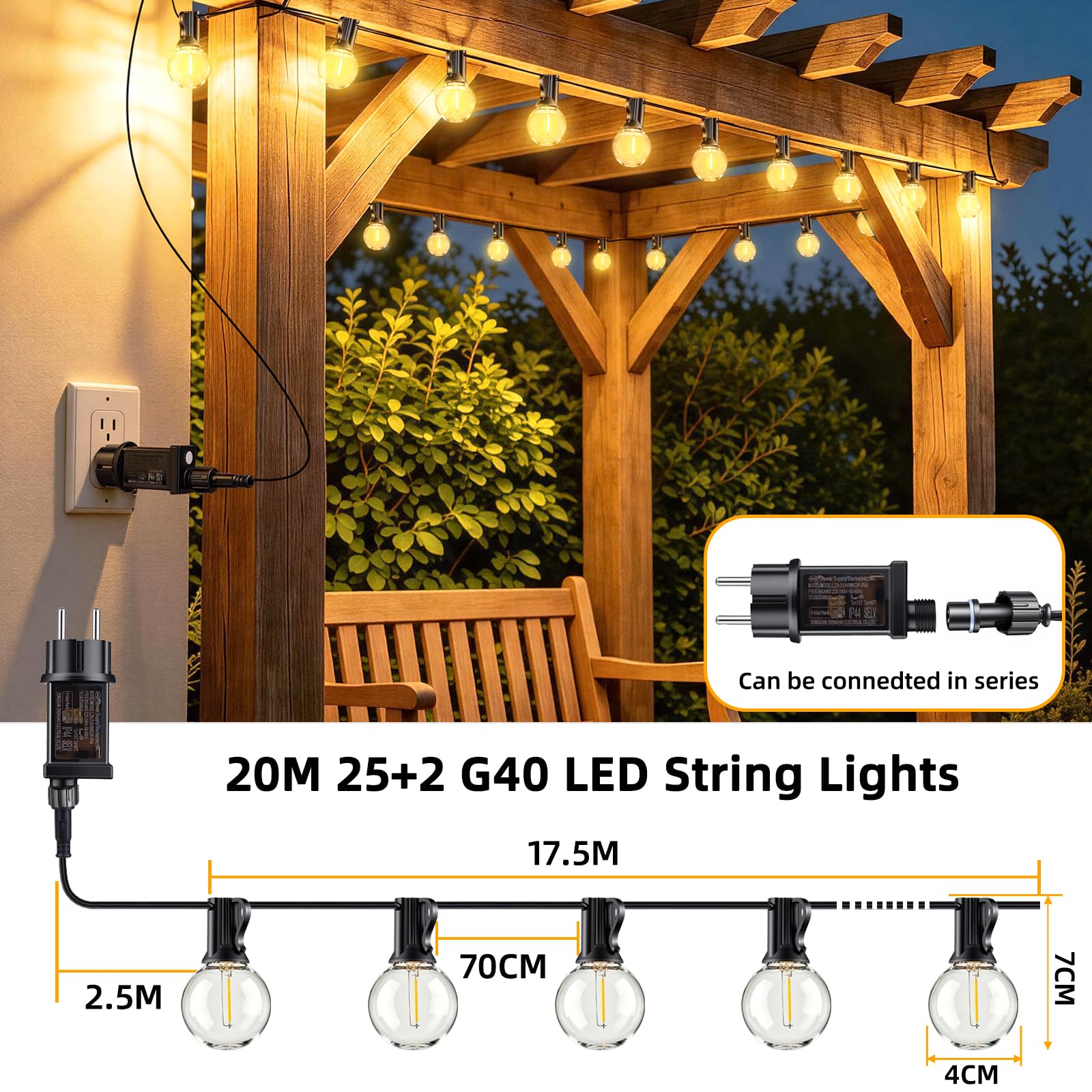 20M Catena Luminosa Esterno con Telecomando, con 25+2 LED G40 Lampadine, Bianco Caldo, 3 Modalità/Impermeabile/Tempistica/Dimmerabile, Luci Giardino Catena per Giardino, Cortile, Patio, Campeggio