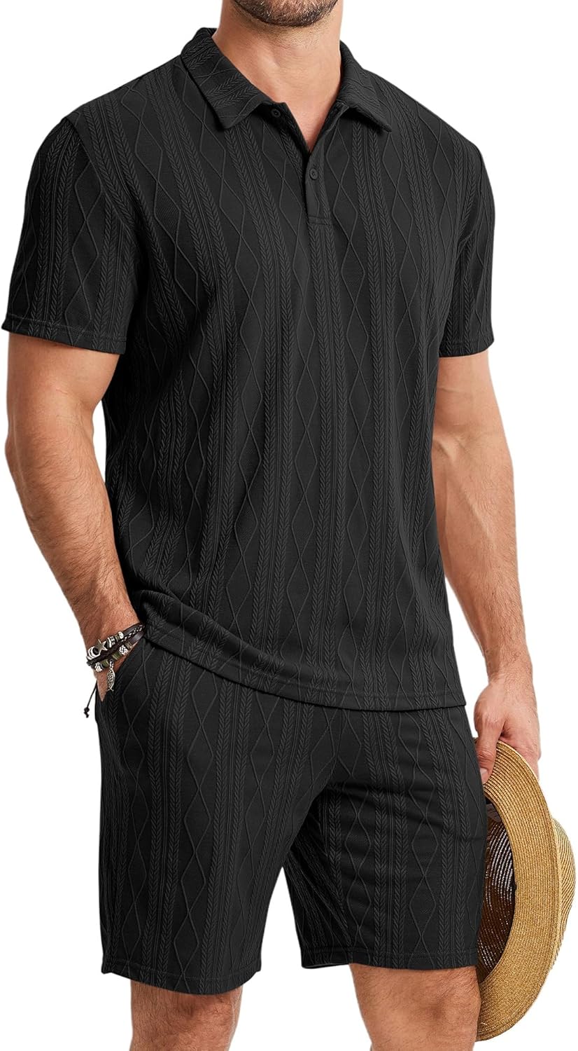 JMIERR Mens 2026 Casual 2 Piece Outfits Lounge Sets Jacquard Knit Short Sets Golf Short Sleeve Outfits for Beach Vacation