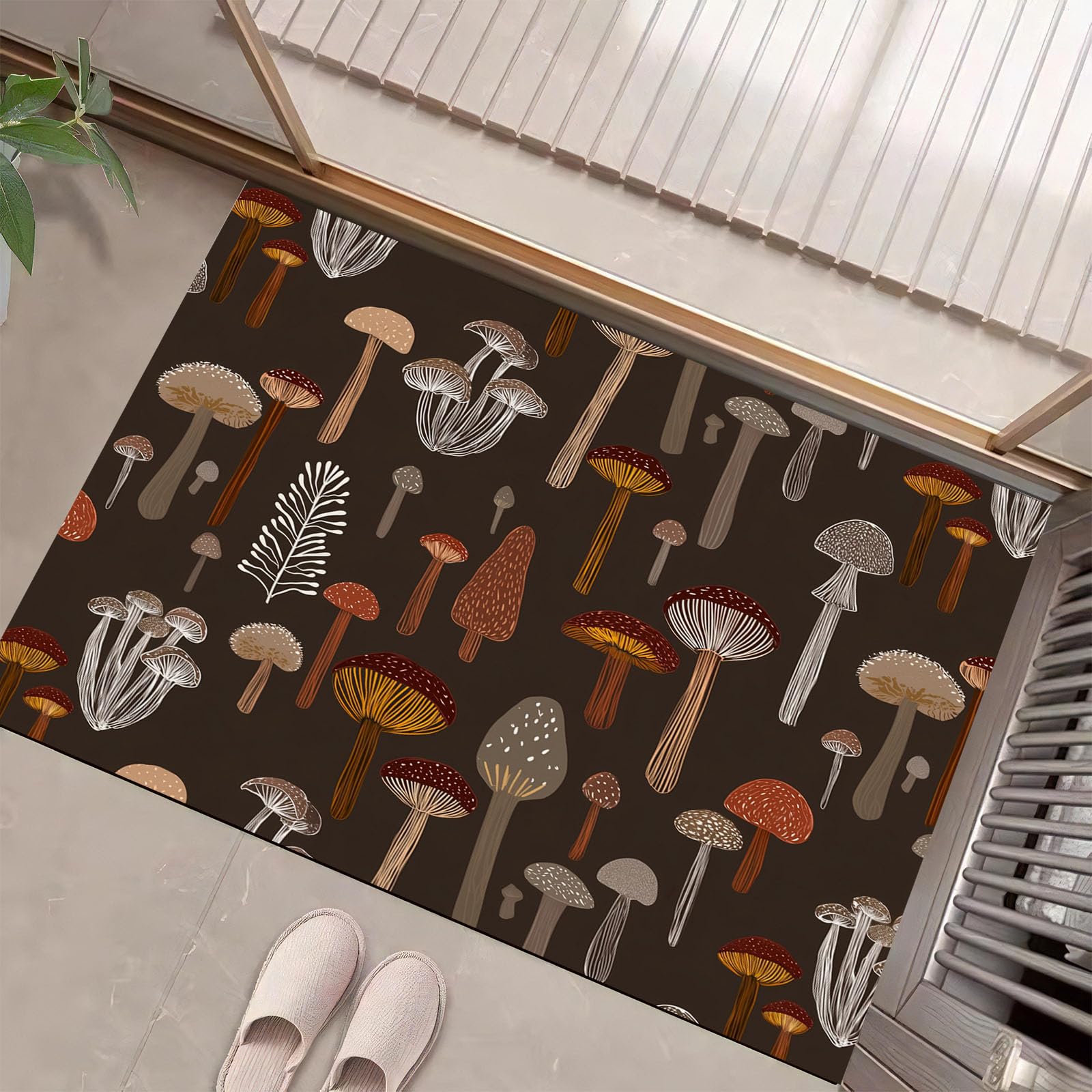 Paillasson champignons peints main tapis de sol entrée antidérapant brun rouille