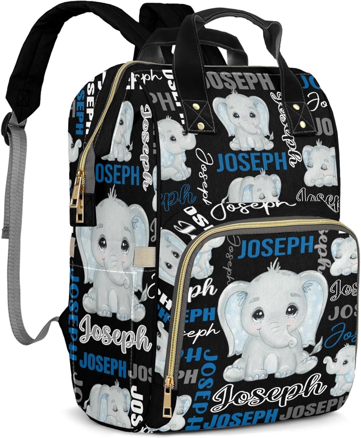 Large Capacity Custom Diaper Bag for Baby Boys with Name, Black Elephant Multifunctional Mom Personalized Diaper Bag Backpack Waterproof Women Customized Daypack Nappy Bag