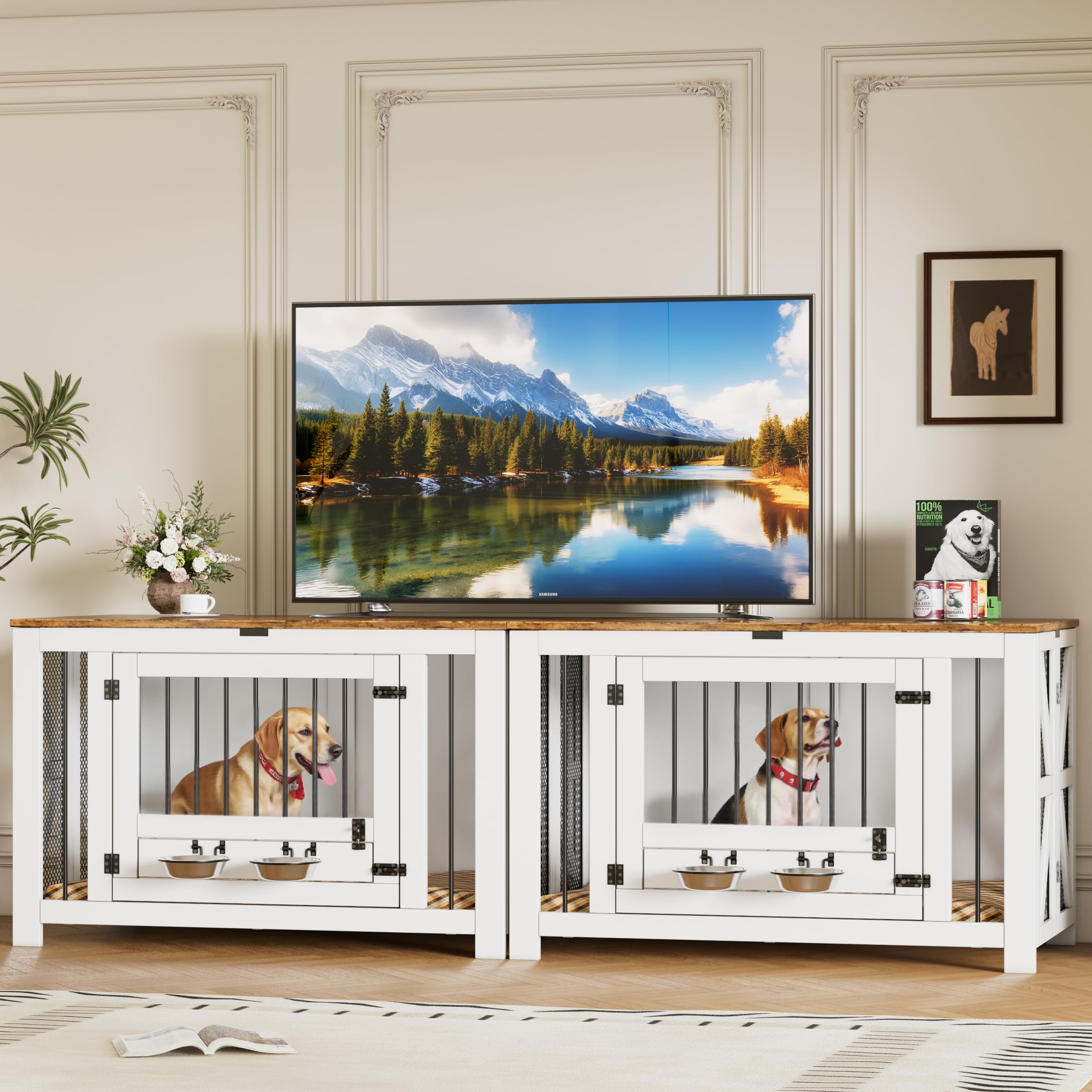 Mueble jaula grande para perros de 41,3", plegable, caseta de madera para perros (15,9-27,2 kg) con 2 cuencos, mesa auxiliar interior estilo granja