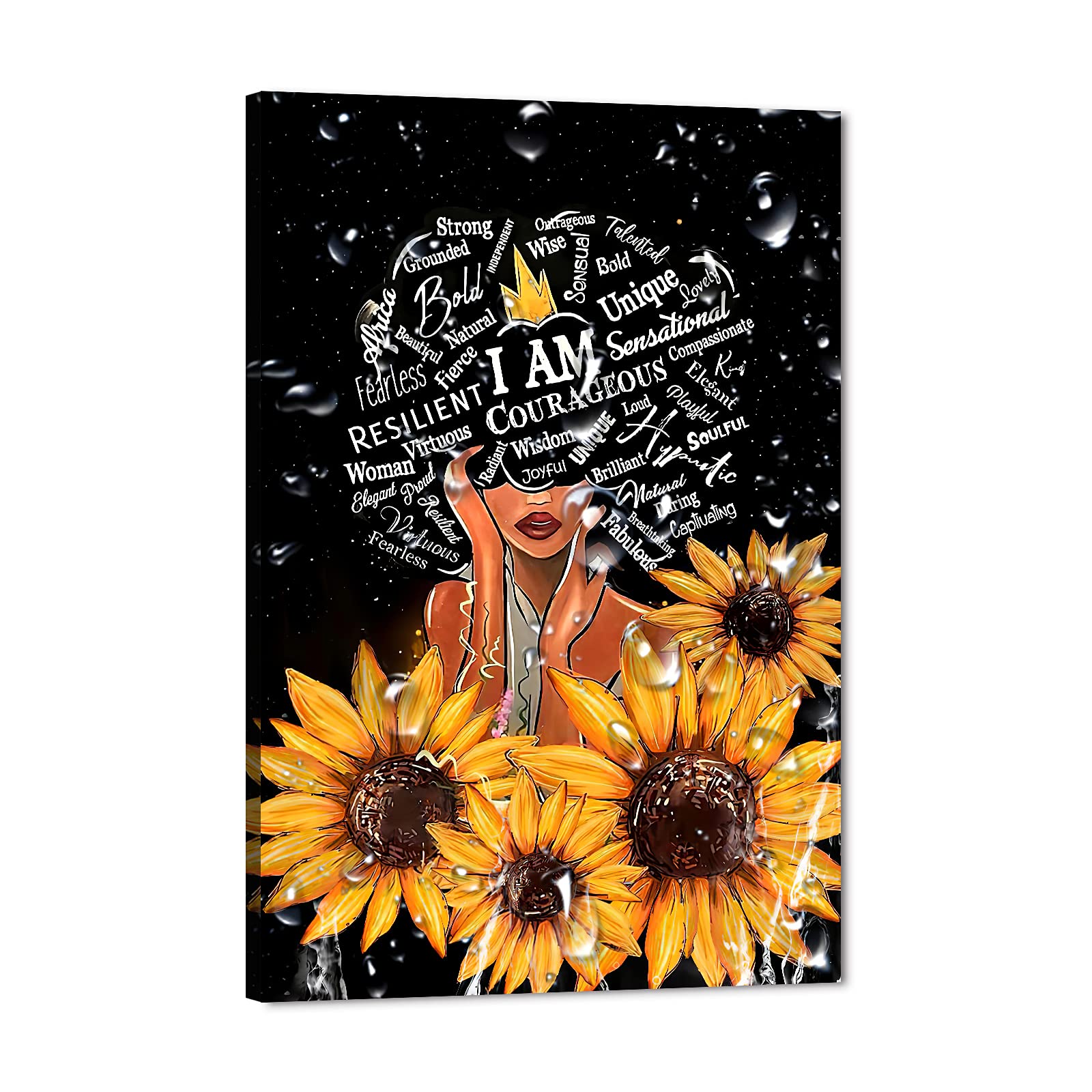 GUTTATY African American Canvas Wall Art - Black Queen Sunflower Canvas Paintings for Wall Decor, Black Art Framed Artwork for Bedroom Living Room Ready to Hang (12x18 Inches)