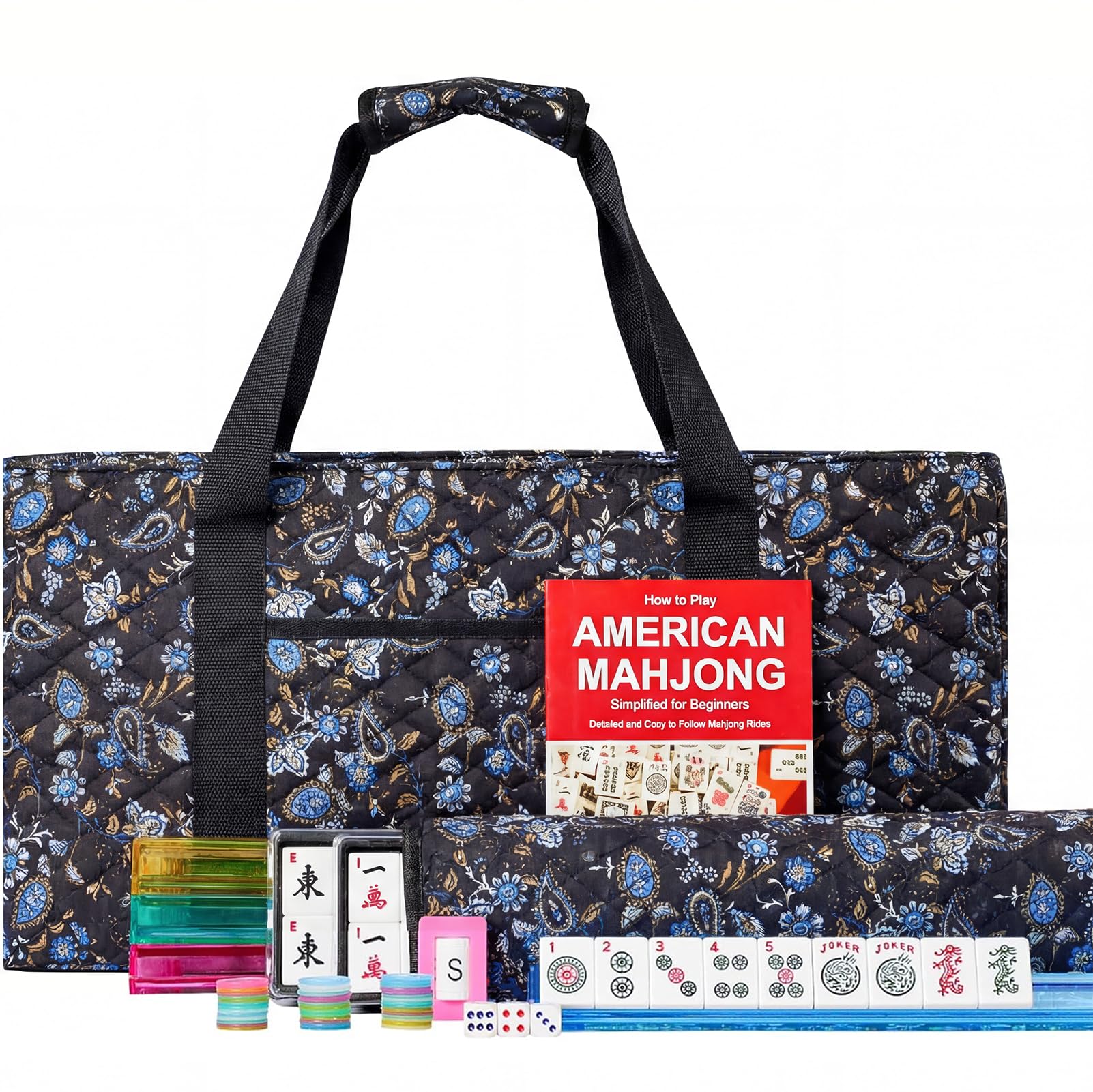 Jongyance American Mahjong Game Set, Mahjong Tile Set, Blcak Bag,166 White Tiles, 4 All-in-One Color Rack/Pushers, 100 Chips, 1 Wind Indicator