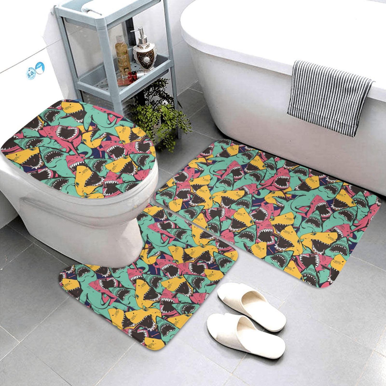 BREAUX Tapis de sol antidérapant motif requin, tapis de sol de salle de bain, couverture de douche antidérapante 3 pièces