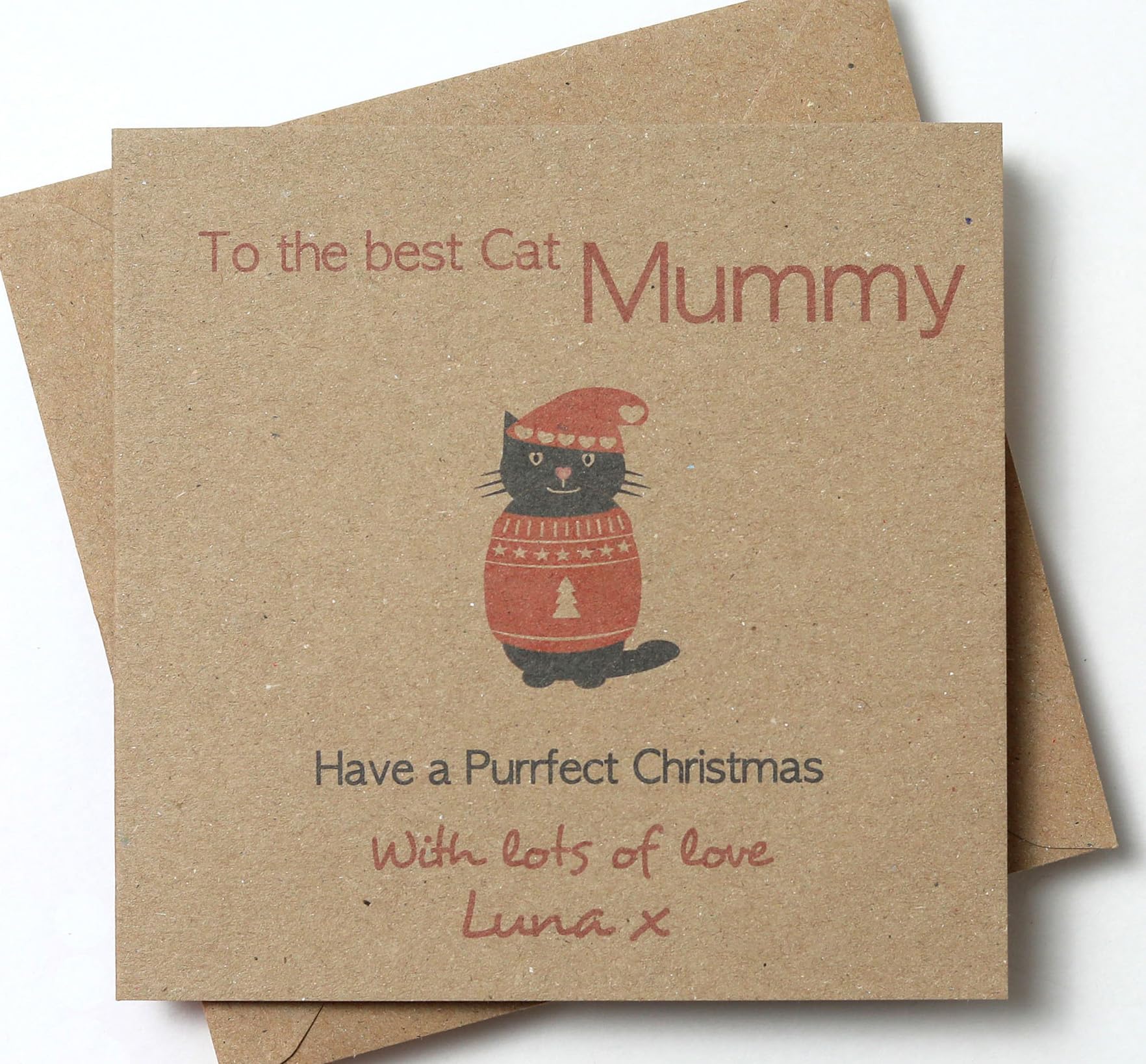 Personalised Christmas Card from the Cat - Handmade Christmas Card from Cat - Black Cat - Kraft Card, Size 15 x 15 cm