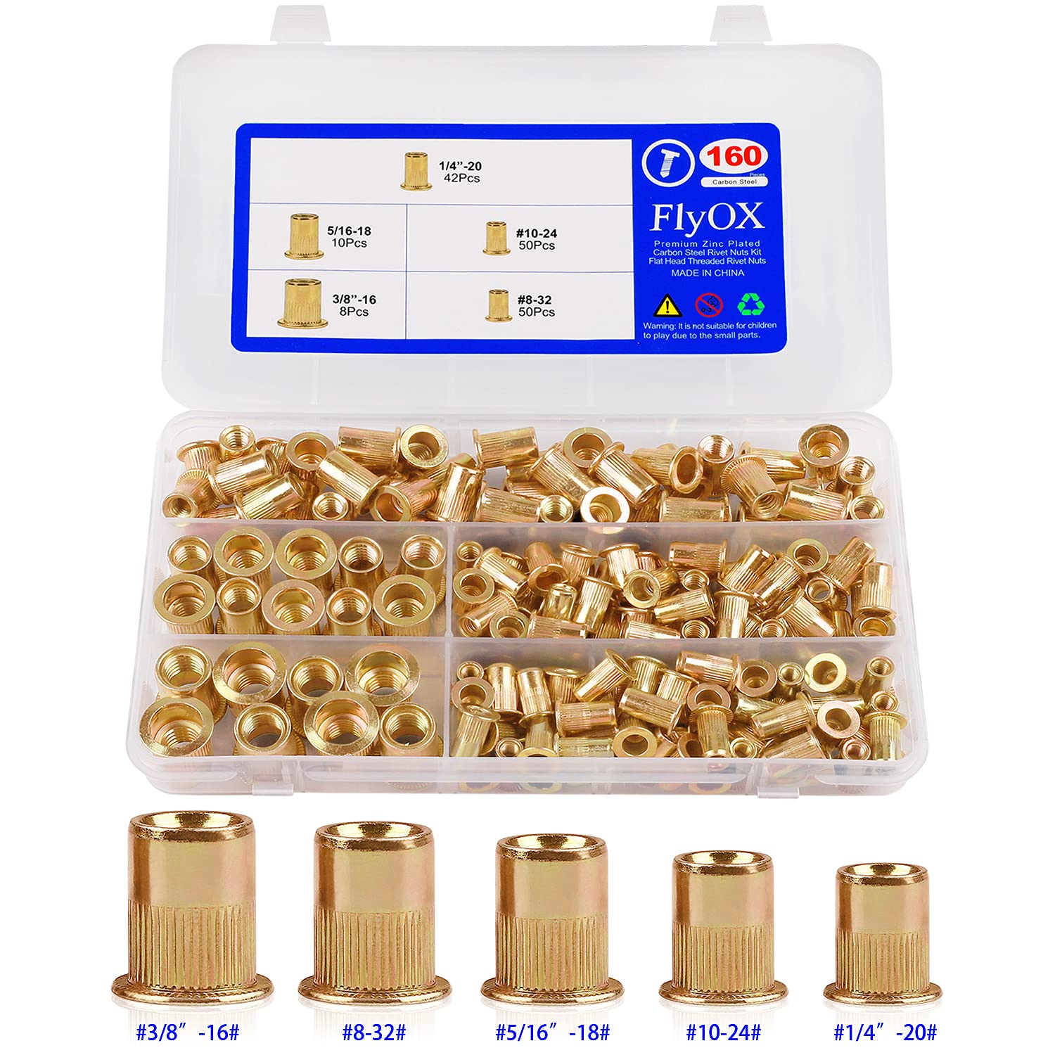 160pcs Rivet Nuts Rivnut Assortment Kit, FlyOX #8-32#10-24 1/4"-20 5/16"-18 3/8"-16 Carbon Steel UNC Nuserts Assorted Yellow Zinc Flat Head Rivnuts Threaded Insert Nut Kit (Carbon Steel)