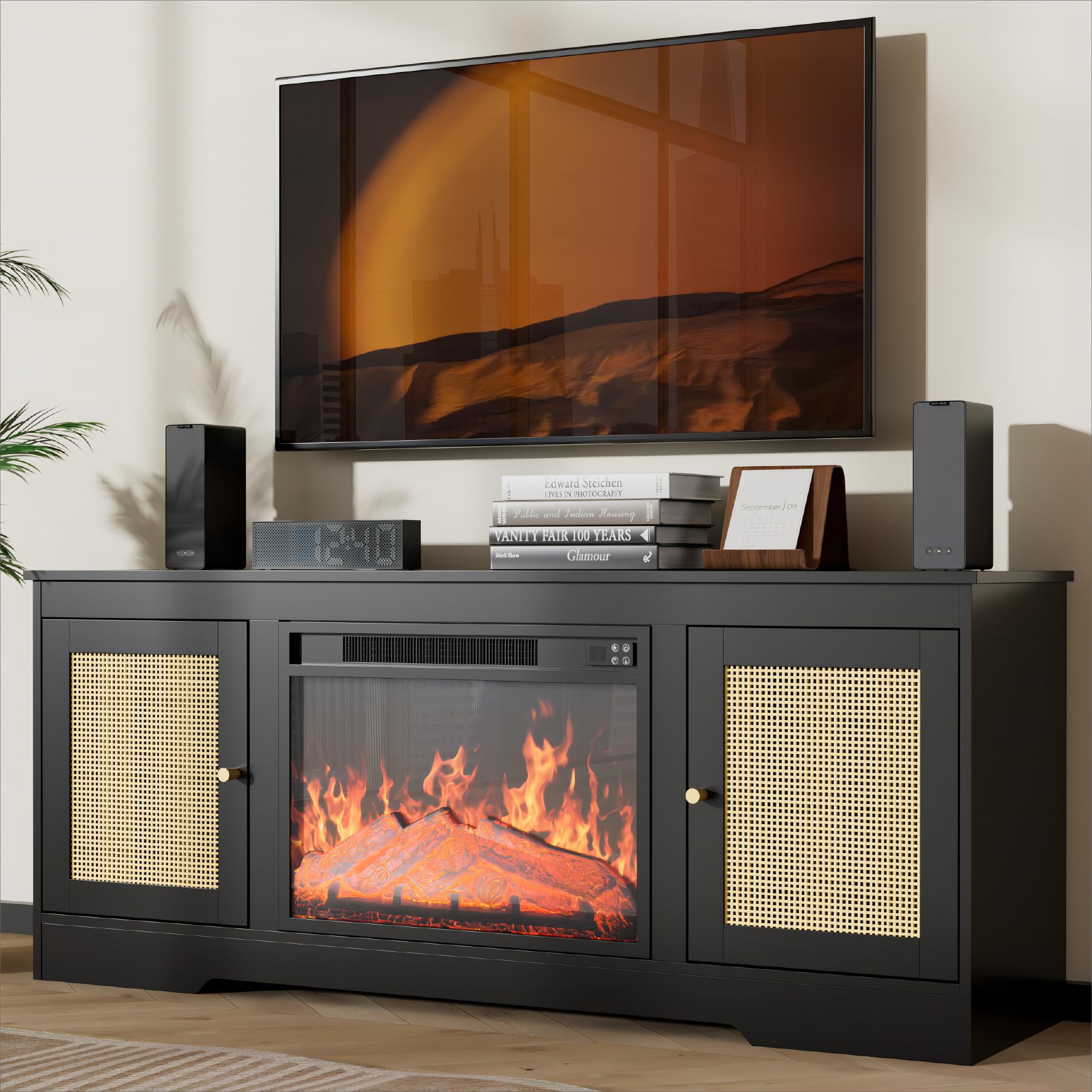 Cozy Castle Fireplace TV Stand for 50/55/60/65 inch TV, Rattan Entertainment Center with 23'' Electric Fireplace, Hobo Entertainment Stand Media TV Console for TVs Up to 65'', Modern TV Stand, Black