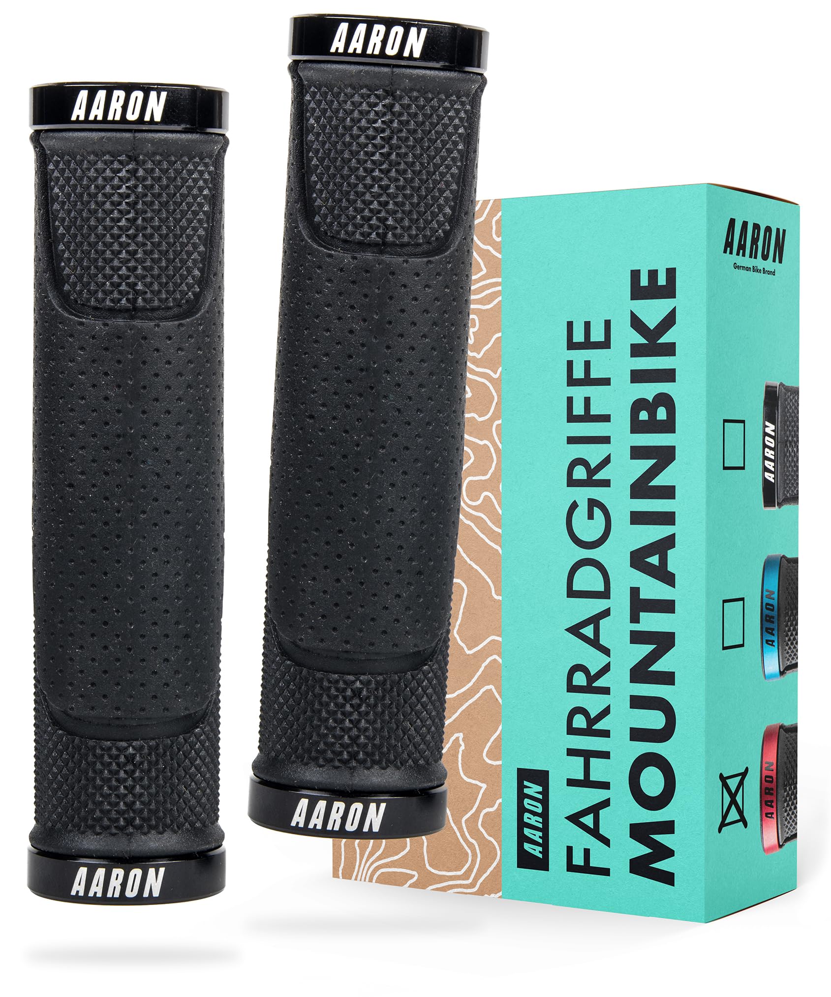 AARON MTB Fahrradgriffe, sportliche Lenkergriffe aus rutschfestem Gummi, Schwarze Lock-On Gel Griffe mit Lenkerendkappen für Mountainbike, Trekkingrad, E-Bike, Crossbike, Fixie u.v.m.