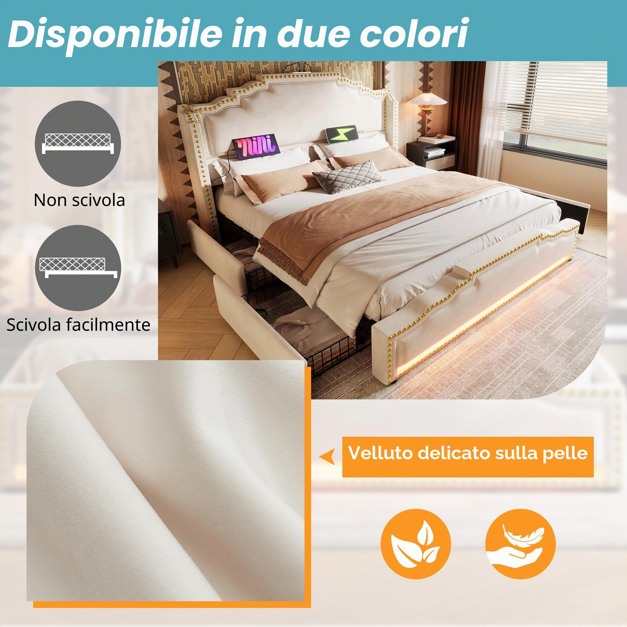 Letto Matrimoniale 180x200 con LED e USB, Letto una piazza e mezza con 4 cassetti, Letto Imbottito con rete a doghe e testiera, Struttura Letto Matrimoniale in Velluto Beige (Senza Materasso)