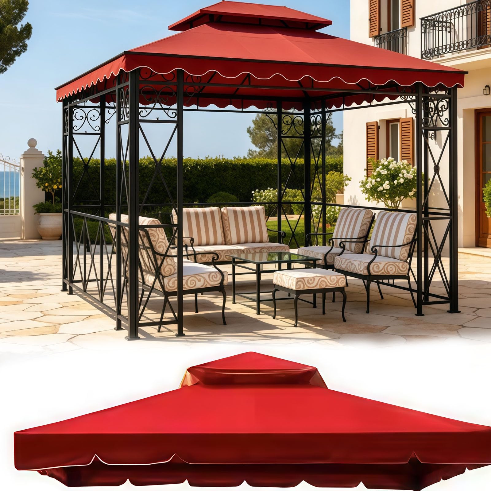 BOCXYTX Gazebo Replacement Canopy Waterproof, Double Tier BBQ Gazebo Roof Cover with UV Protection, Ventilated Patio Canopy Replacement,Burgundy,4X6m