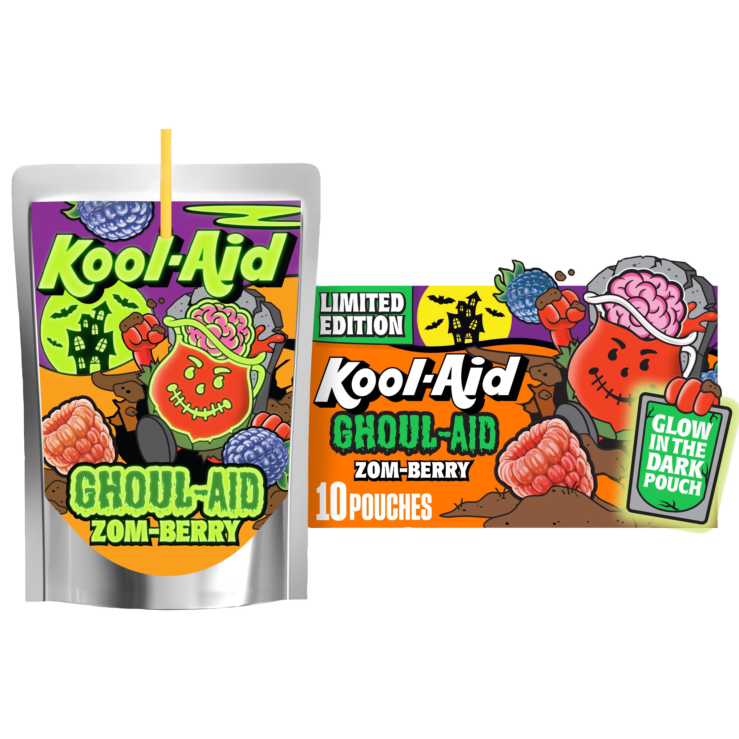 Ghoul-Aid Artificially Flavored Drink, 10 Pouches, for School Lunches and On-the-Go Hydration, Zom-Berry Flavor, Excellent Source of Vitamin C, 6 fl oz