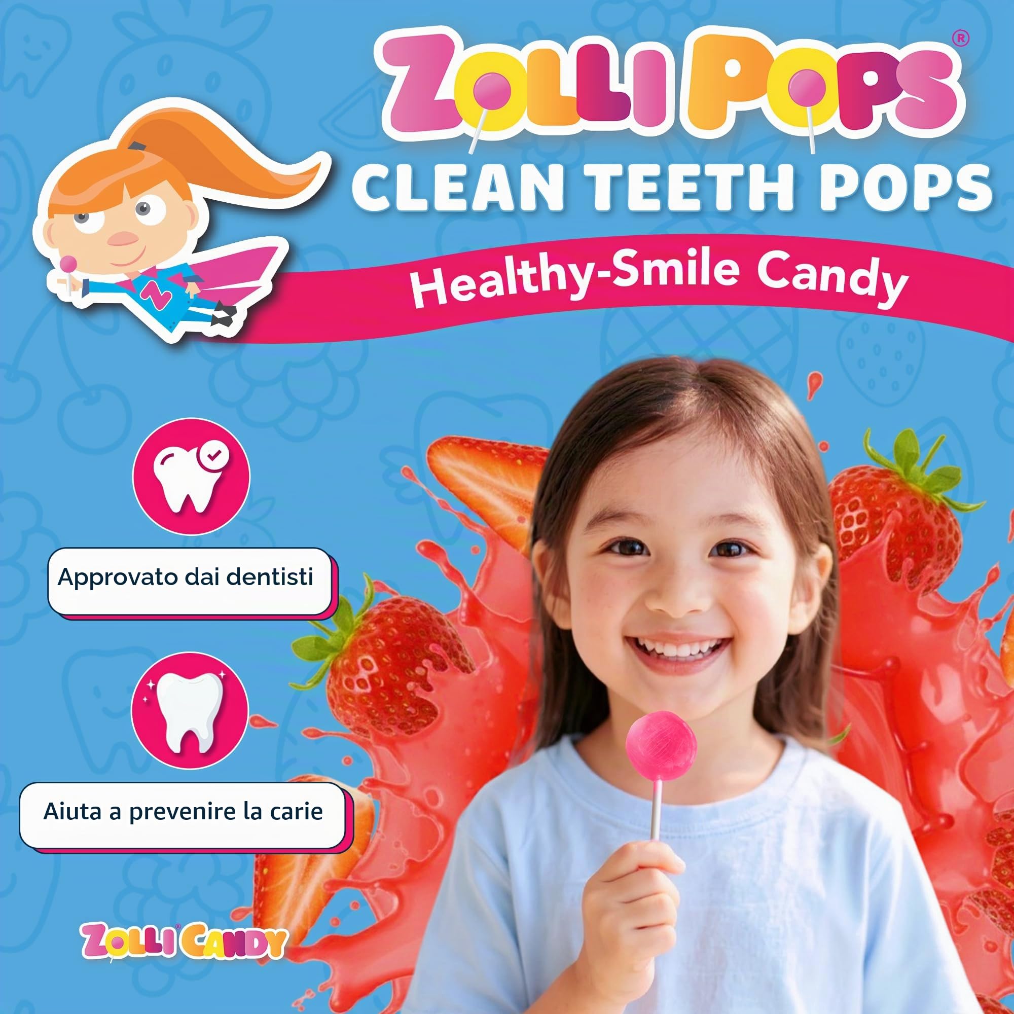 Zollipops Clean Teeth Pops - Caramelle senza zucchero con xilitolo, lecca-lecca senza coloranti, adatti al keto e al diabete, approvate dal dentista per bambini (fragola, 88 g)