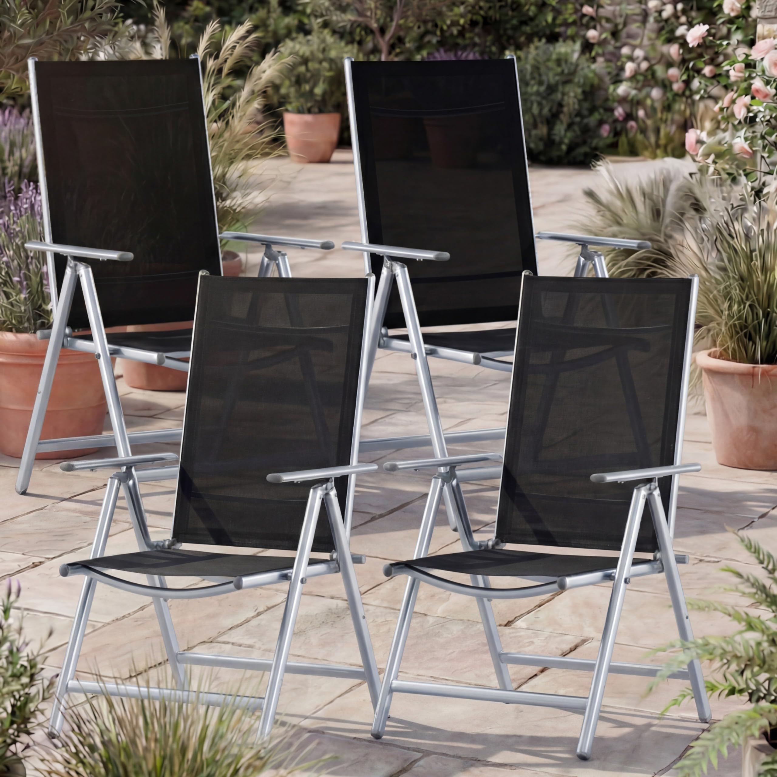 Casaria 4X Chaises de Jardin à Dossier Haut Argent Aluminium Pliable résistante intempéries Dossier réglable 8 Positions accoudoirs 120kg