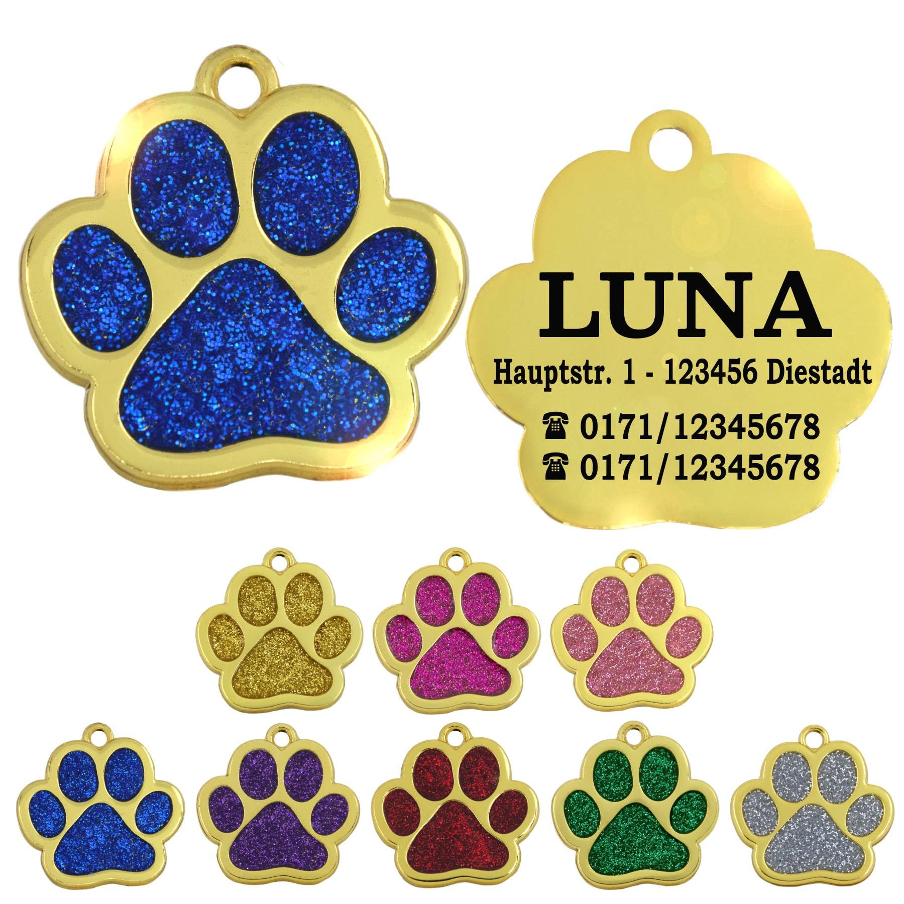 Ibera gifts - Hundemarke mit Gravur und personalisierte Hundemarke in Pfotenform, perfekt für kleine bis mittelgroße Haustiere (Gold/Blau)