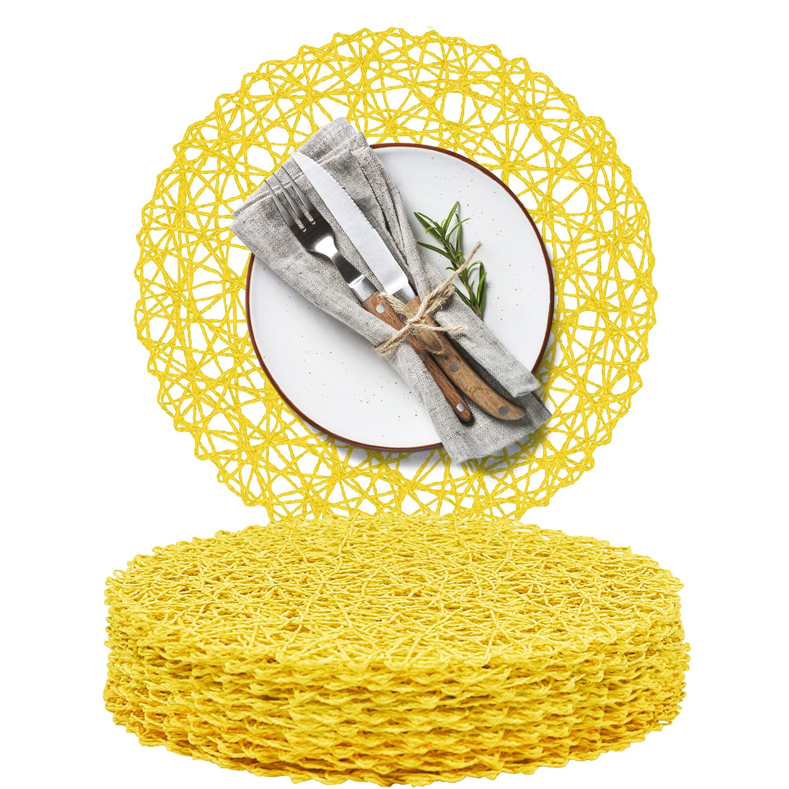 Photo 1 of AHHFSMEI Paper Braided Round Placemats Set of 12 Natural Non-Slip Heat Resistant Table Mats for Dining Tables Woven Indoor Outdoor Place mats(Yellow,12)