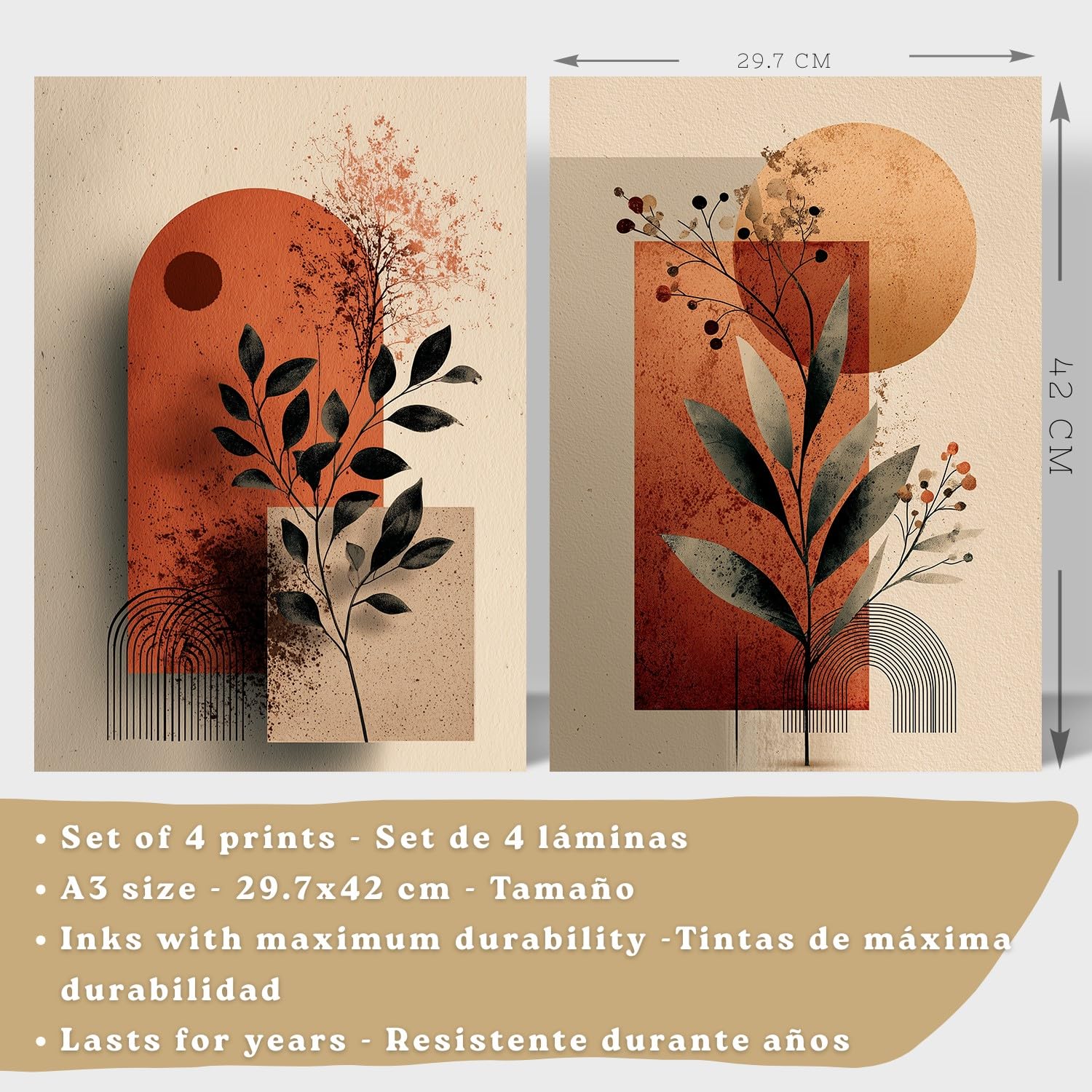 Nacnic Set De 4 Laminas Decorativas Flores Abstractas Cuadros Salon Modernos - Posters Decorativos Rojos Naranjas Decoración Dormitorios Cocina Baño A3 Marco Madera Clara