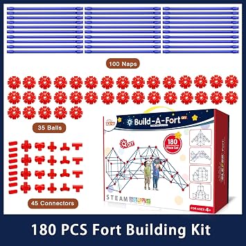 OleFun 180 Pack Fort Building Kits for Kids 4, 5, 6, 7, 8+ Year Old Boys & Girls, Creative STEM Building Toys for DIY Castles, Tunnels, Play Tent, Ideal Gifts for Aged 5-8