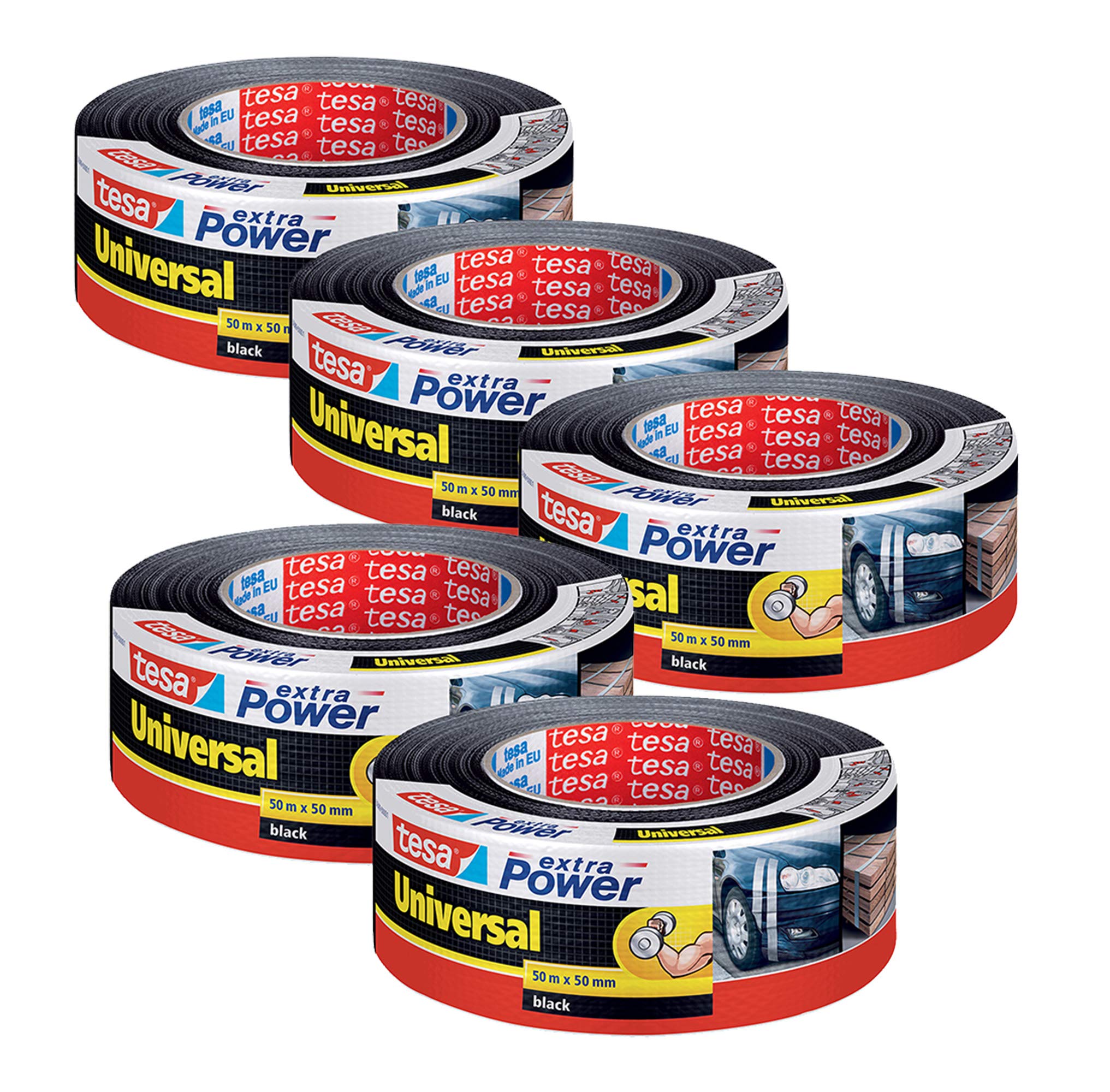 tesa extra Power Universal - Gewebeverstärktes Folienband zum Reparieren, Befestigen, Bündeln, Verstärken oder Abdichten (5 Rollen/Schwarz)