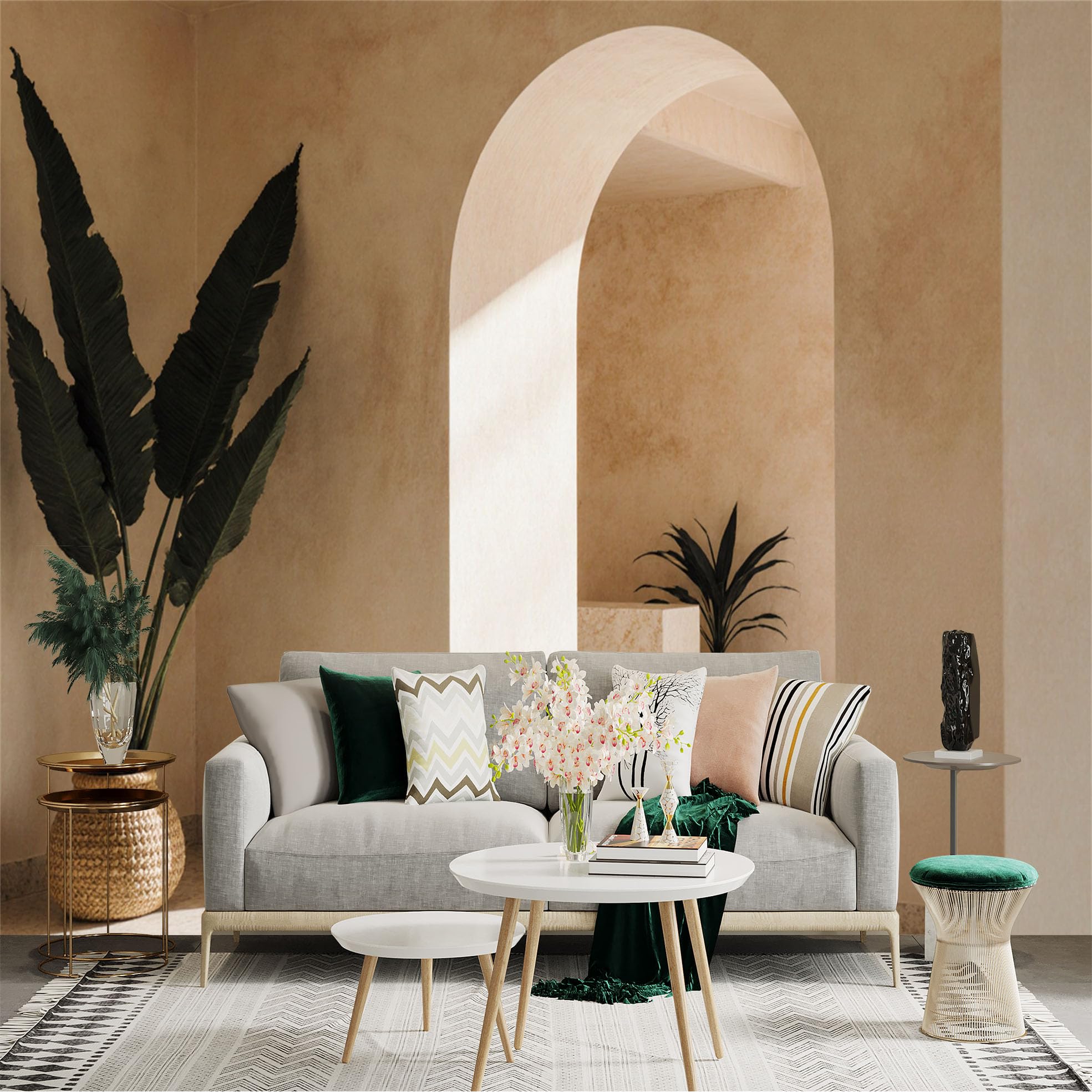 Custom Size Wall Sticker Mural， Minimalist Archway with Tropical Plants， Beige Textured Interior， Neutral Home Decor， for wall Decoration， peelandstick wall Decals.