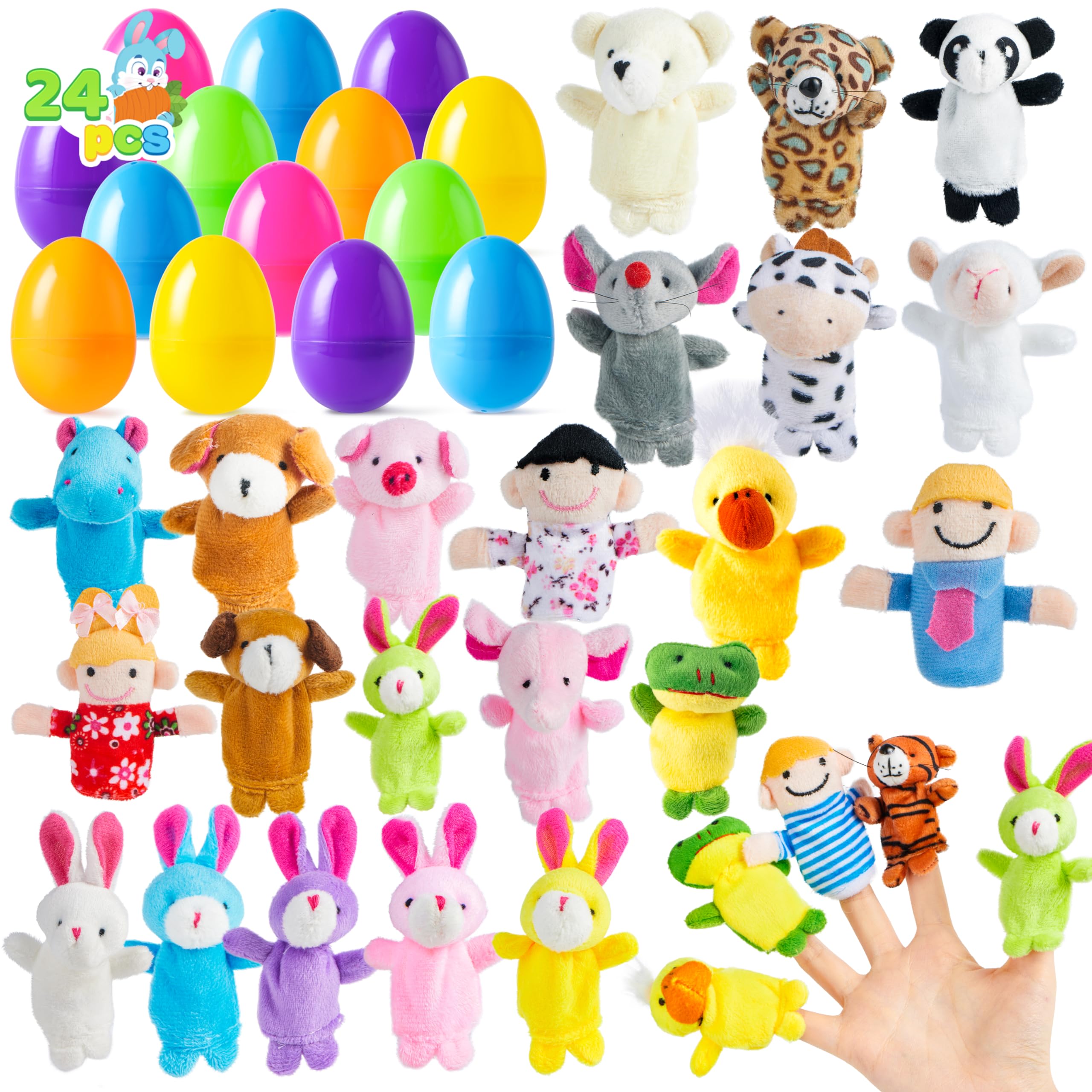 JOYIN 24 Pcs Easter Eggs Filled with Finger Puppets, Prefilled Egg with Cartoon Animal Puppets for Kids Easter Hunt, Basket Stuffers Fillers, Party Favors and Classroom Prize Supplies
