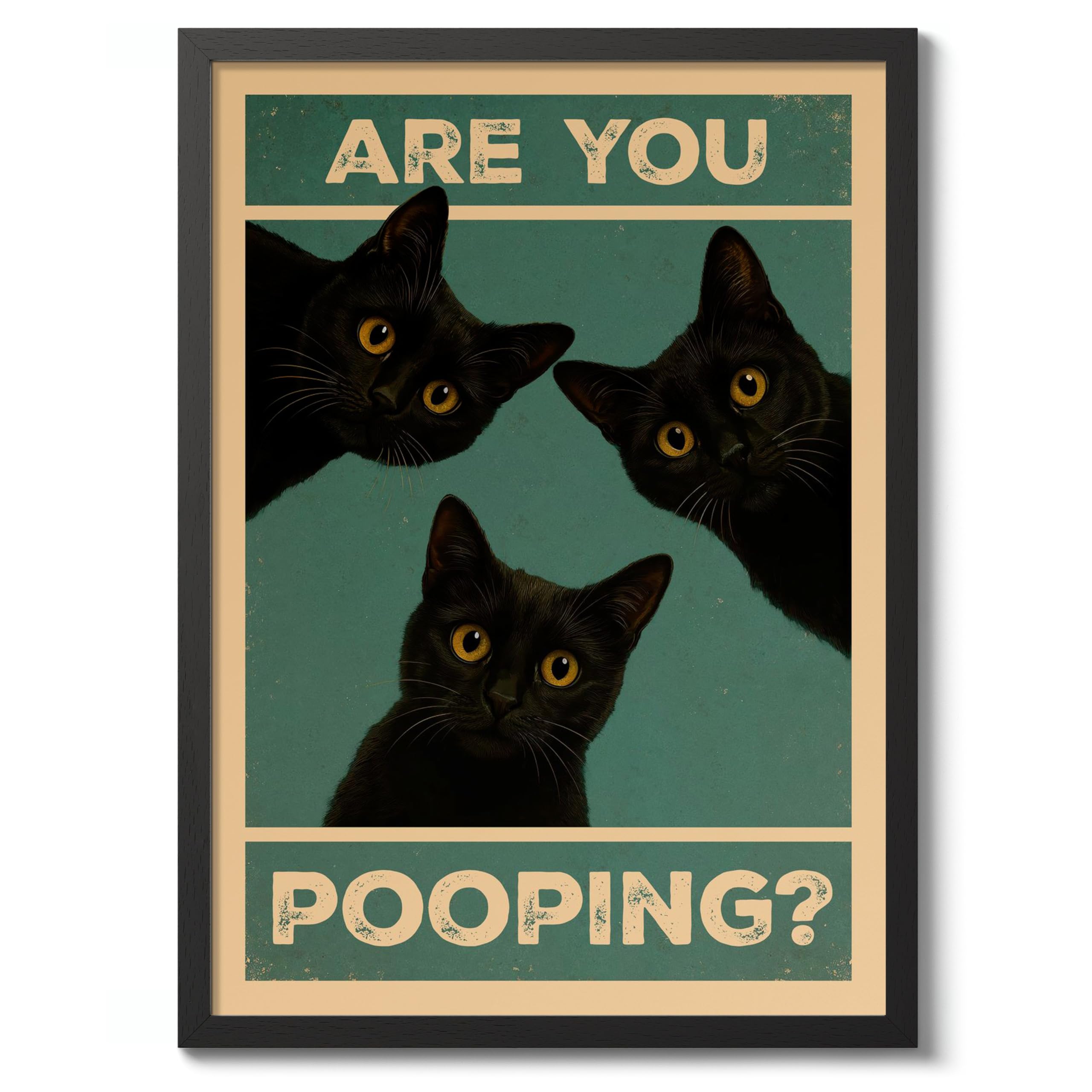 Are You Pooping? Cats Poster, Retro Animal Bathroom Print, Comedy Toilet Wall Art, A3 (Black Frame) - 45x32.8cm — image 1