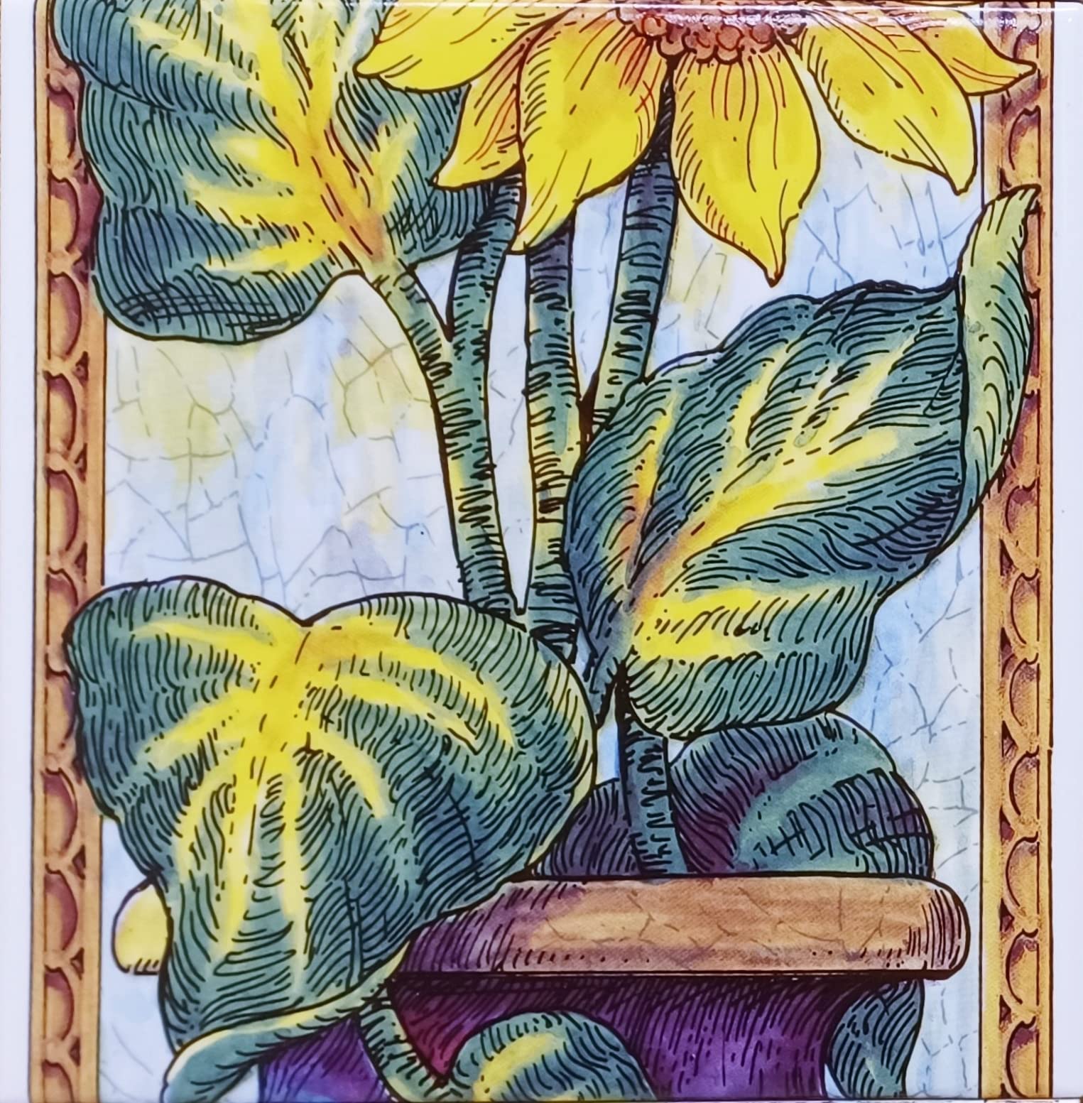Słoneczniki, płytki ceramiczne, mural kwiatowy, 75 cm x 15 cm, 5 płytek 15 cm, kominek, płytki rozbryzgowe, ręcznie zdobione w Wielkiej Brytanii