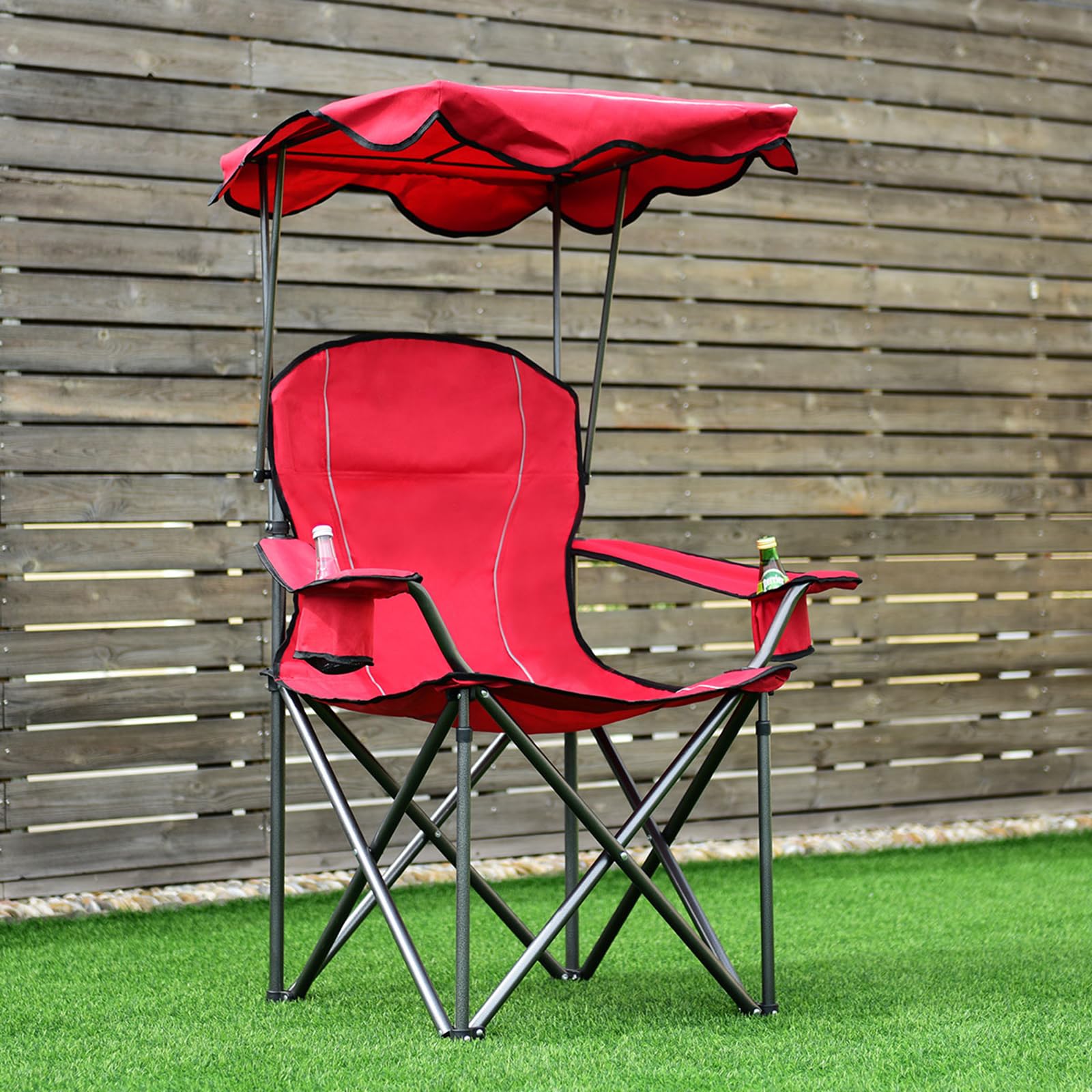 COSTWAY Silla de Camping con Techo y Portavasos Silla de Playa Plegable Carga hasta 120 kg para Patio al Aire Libre (Rojo)