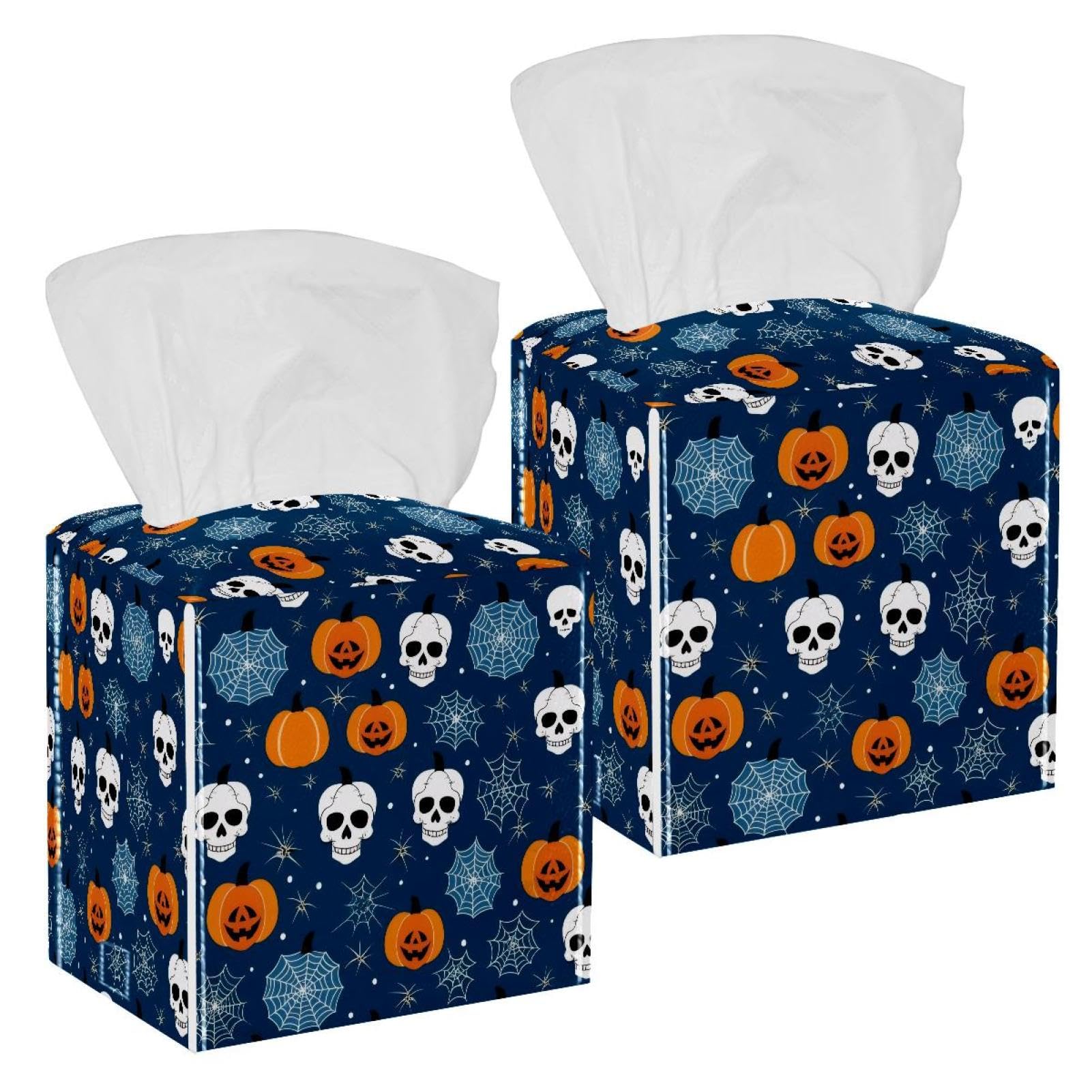 Skulls Pumpkins Tissue Box Cover, 2 Pack PU Leather Square Facial Tissue Dispenser Box holder for Home Office Car