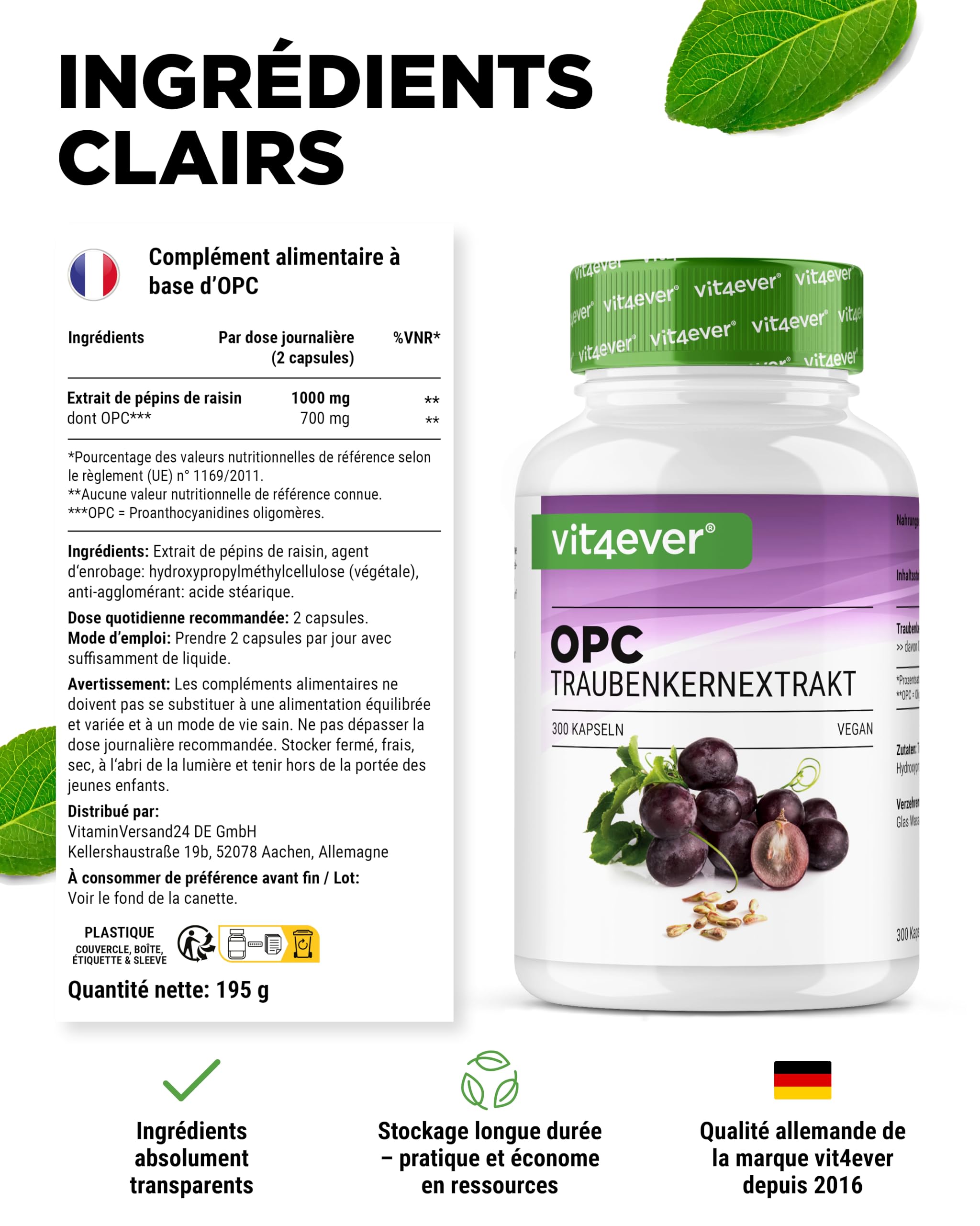 vit4ever OPC Extrait de Pépins de Raisin – 300 capsules – 1000 mg d’Extrait avec 700 mg d’OPC – Teneur la Plus Élevée selon HPLC – Issu de Raisins Européens – Végane – Hautement Dosé
