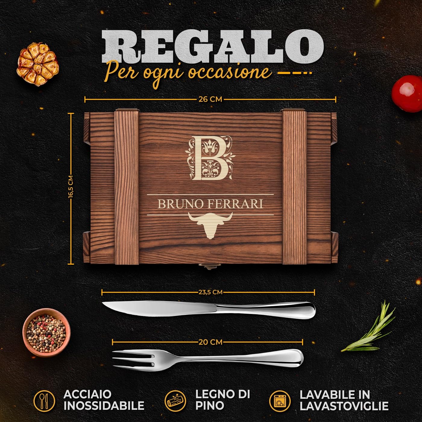 Maverton Set Posate in Scatola Legno di Pino - Portaposate 6 Coltelli e 6 Forchette - Scatola regalo Personalizzata - Idee regalo uomo compleanno - 26x16,5x6 cm