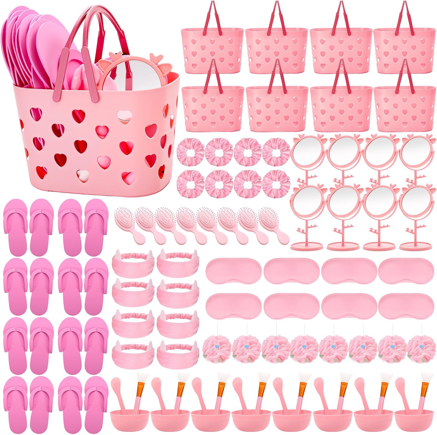 88 Pcs Spa Party Favor Supplies Bulk, Include Pink Basket, Mixing Bowl Set, Mirror, Headband, Scrunchies, Hair Brush, Loofah, Disposable Slipper for Spa Sleepover Birthday Party (Pink)