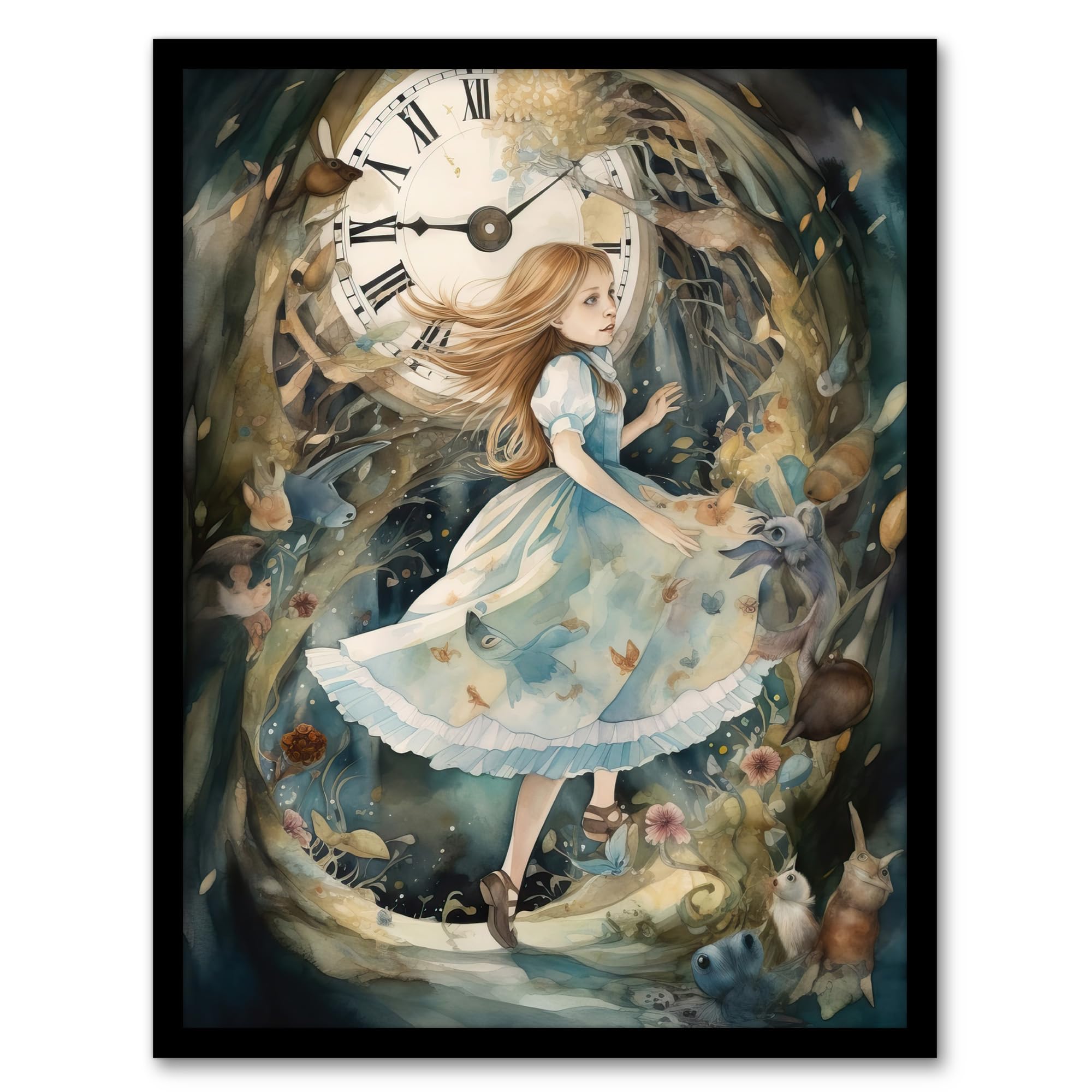 Artery8 Alice In Wonderland Watercolour Down The Rabbit Hole Whimsical Magical Adventure Painting Artwork Framed Wall Art Print A4