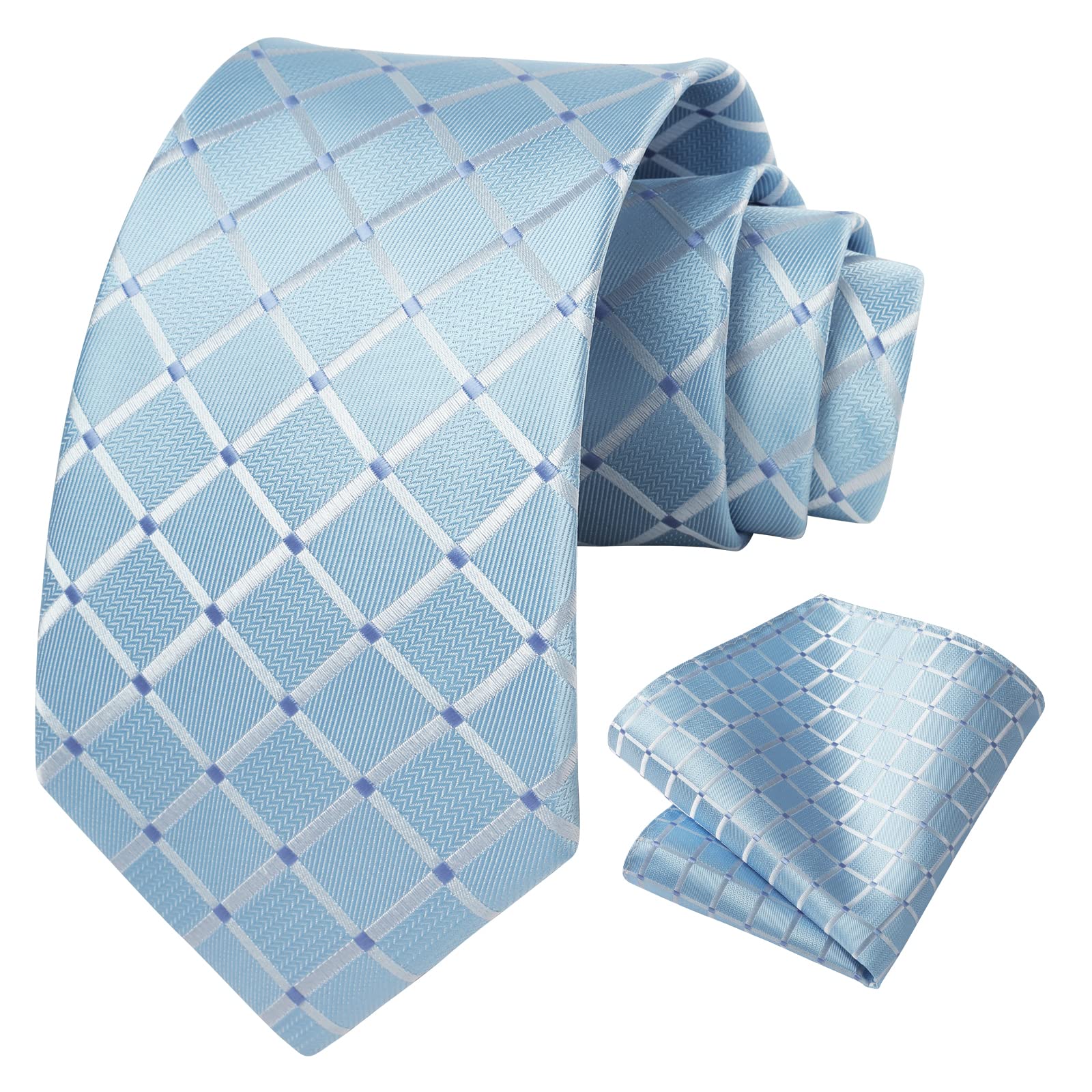 HISDERNLight Blue Tie Men's Check Ties & Pocket Square Set Wedding Business Tie & Handkerchief