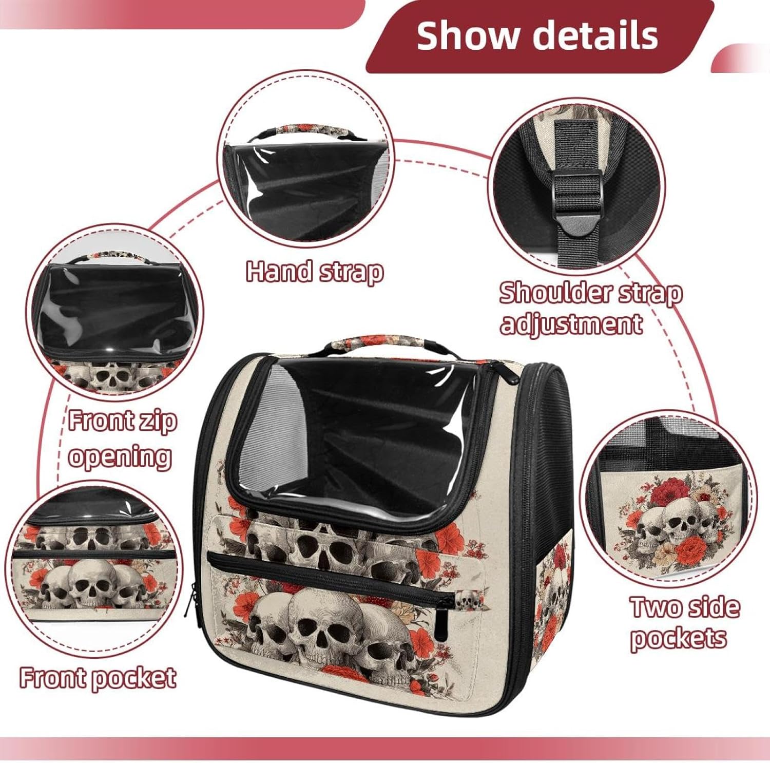 Skulls Flower (2) Pet Carrier Airline Approved Soft Sided Portable Cozy Travel Pet Bag, Car Seat Safe Carrier for Cats and Dogs