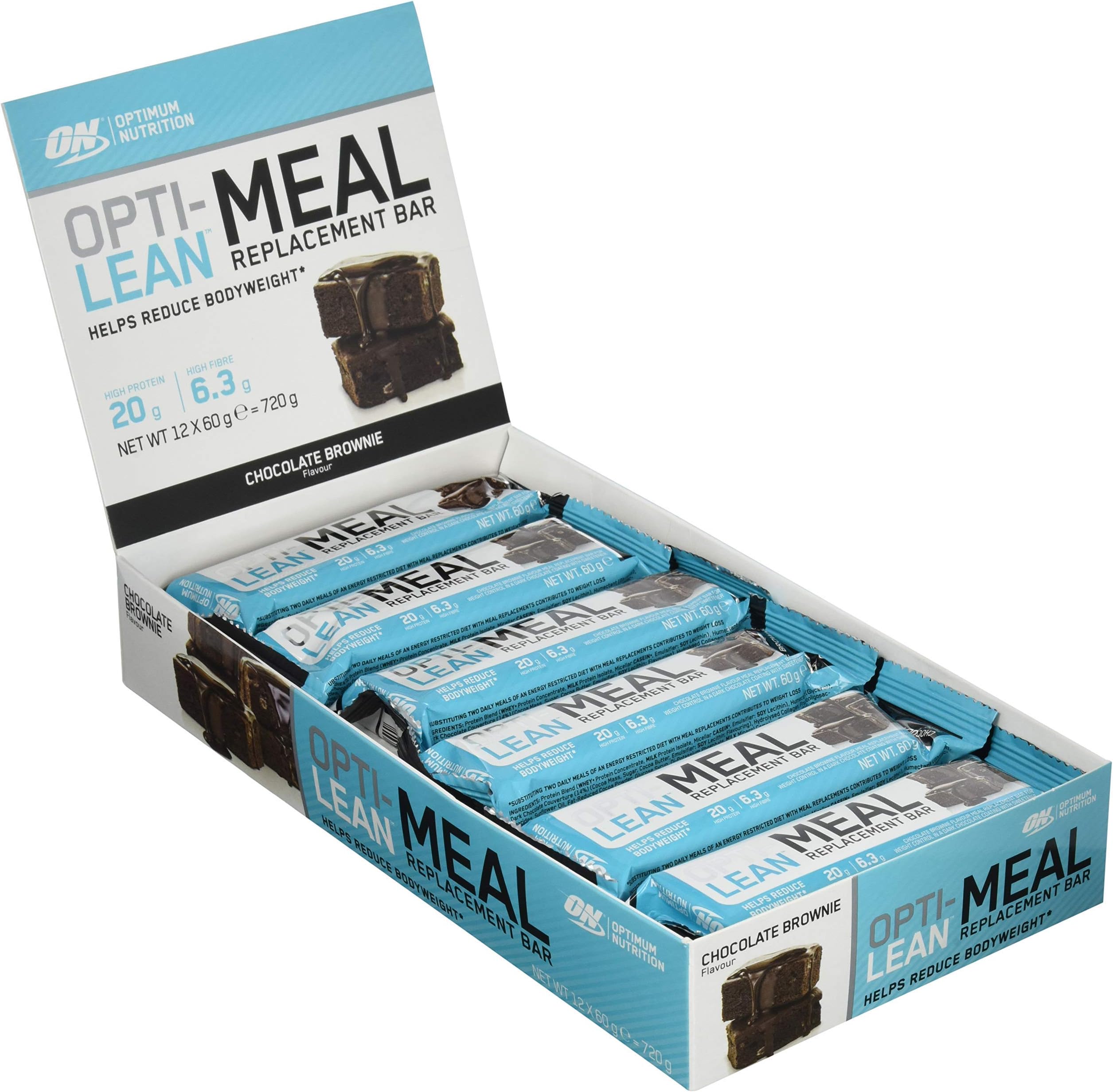 Optimum Nutrition Opti-Lean Meal Replacement Protein Bar with Vitamin B12, Vitamin C and Vitamin D and High Fibre. Protein Meal Replacement by ON - Chocolate Brownie, Pack of 12, 60g