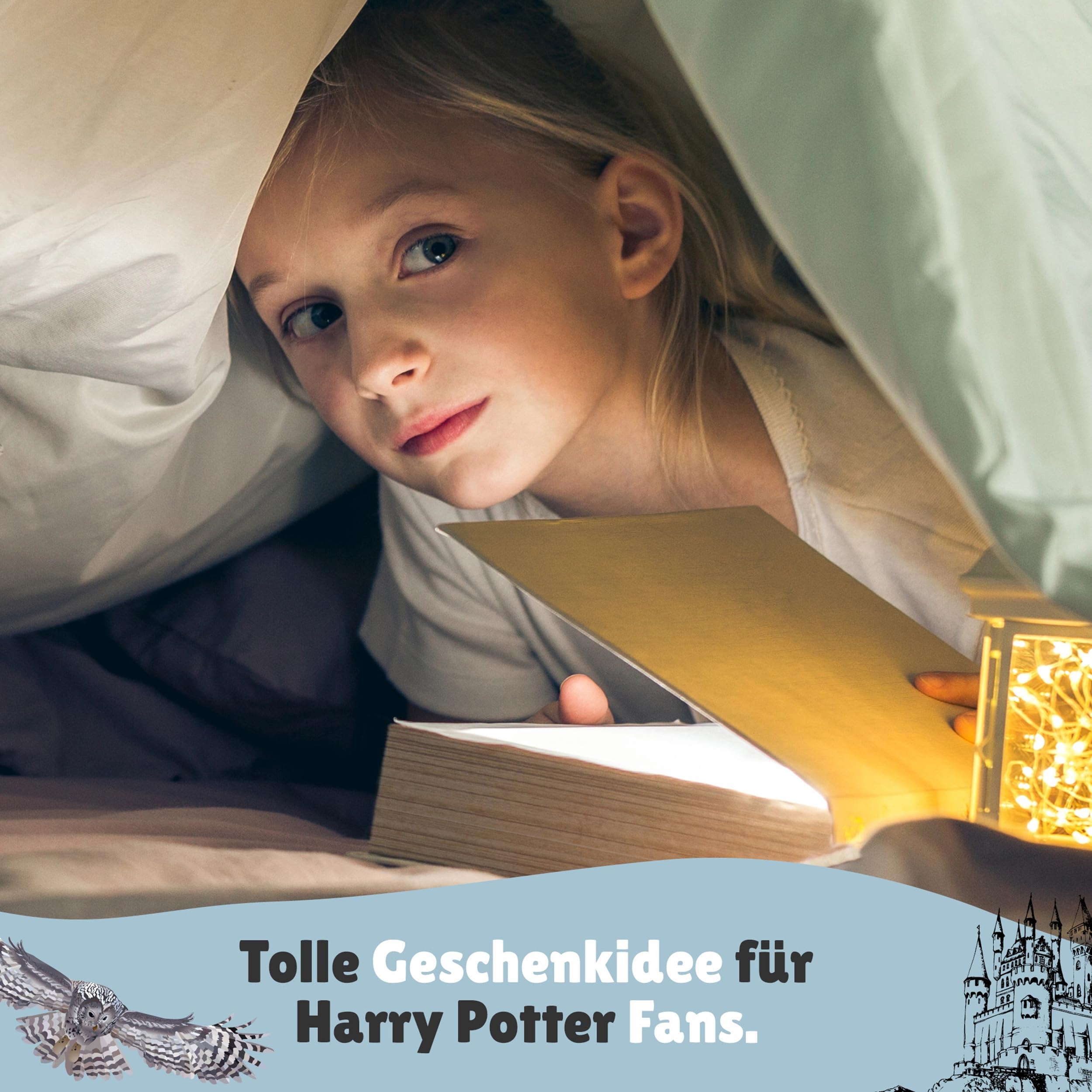 Familando – Harry Potter Bettwäsche-Set (2-teilig) – Decken- & Kissenbezug 135x200 cm & 80x80 cm mit Reißverschluss – Flanell aus 100% Baumwolle – Wendemotiv Hedwig & Hogwarts – Öko-TEX Zertifiziert