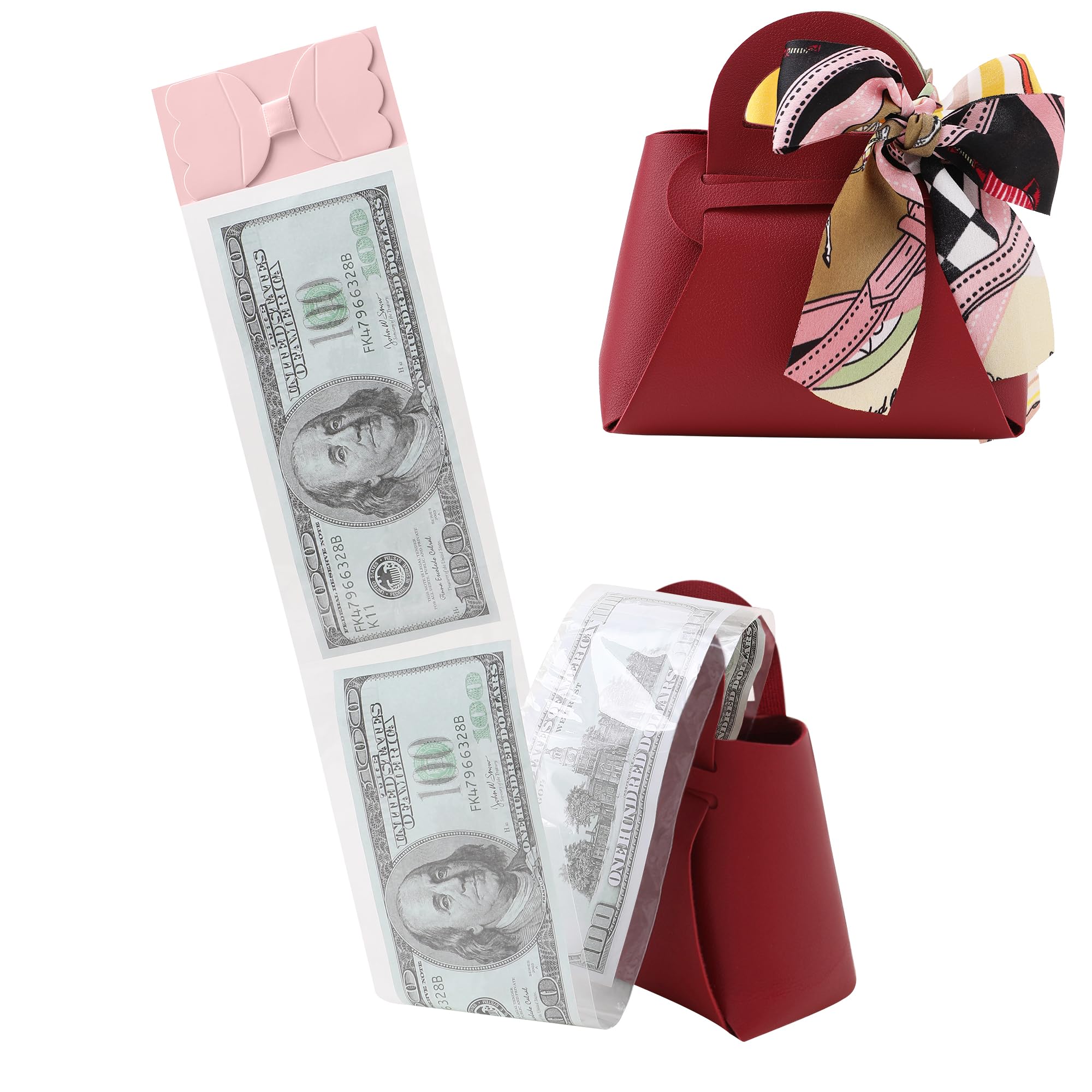Litvana DIY Money Surprise Box - Leather Surprise Present Cash Box with Bow Money Pull-Out Bags for Birthday, Anniversary, WineRed