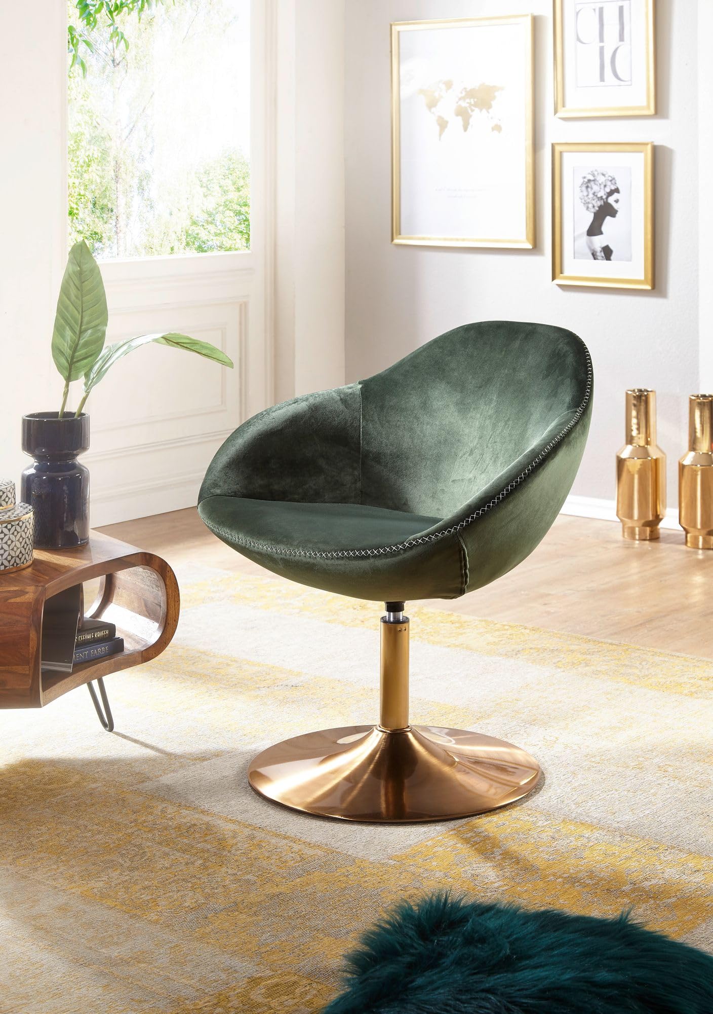 WOHNLING Chaise Longue Sarin Chaise en Velours Vert/Or 70x79x70 cm | Fauteuil Club rembourré avec accoudoirs | Chaise pivotante Cocktailsessel Lounge | Chaise de Bar Chaise Visiteur