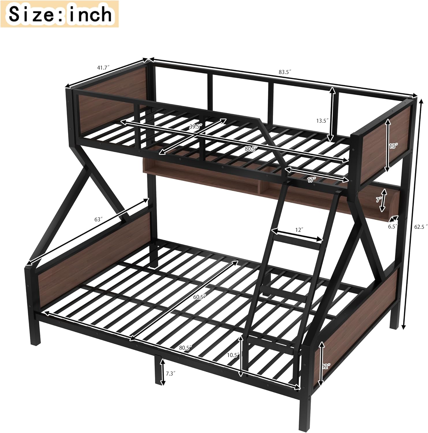 Bellemave Twin XL Over Queen Bunk Bed with Storage Shelves and LED Lights, Metal Bunk Beds with Ladders, Heavy-Duty Bunkbed Frame for Guest Room, Bedroom, Home Office, Dorms, Noise-Free, Black