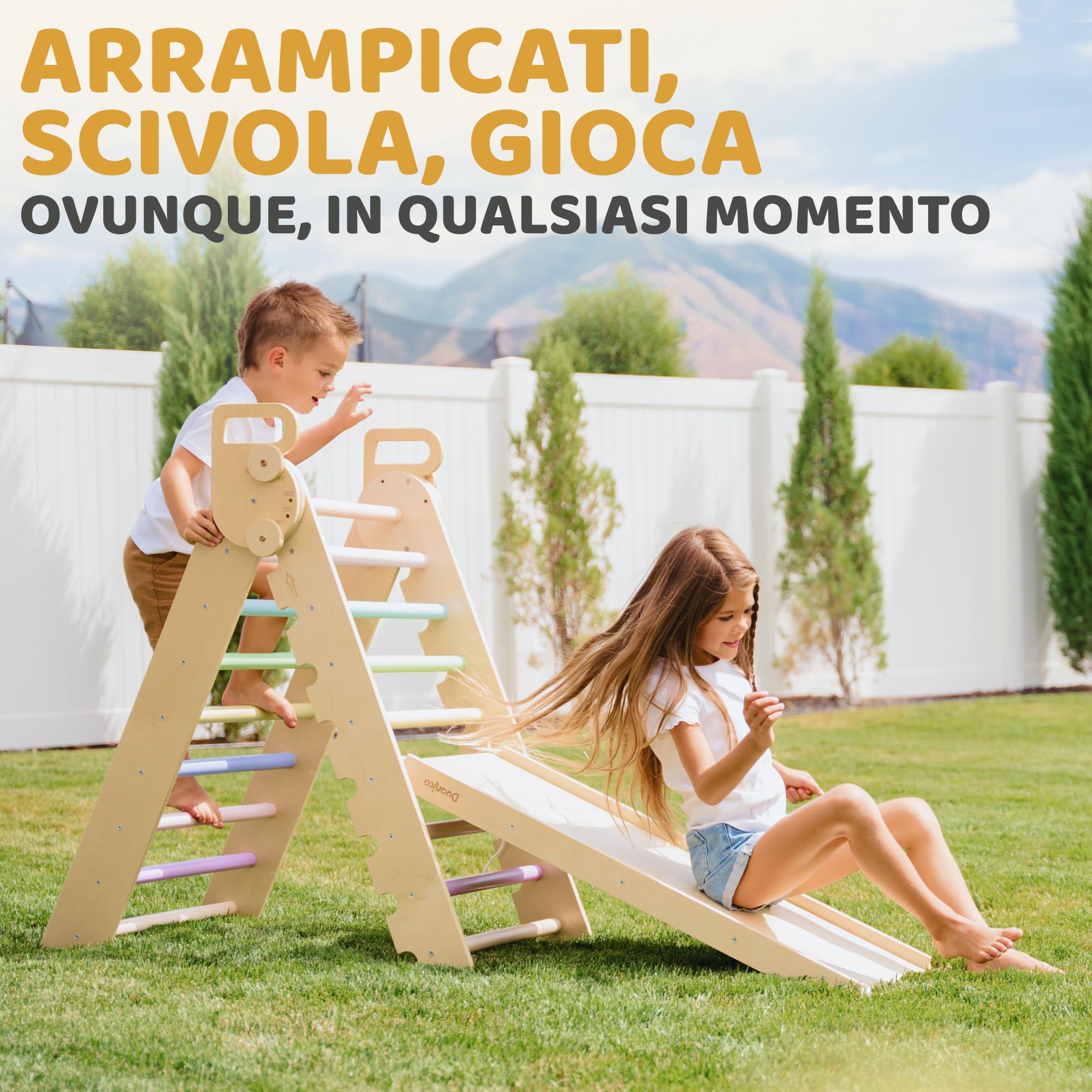 9in1 Montessori triangolo grande da 1 a 7+ anni – 5 angoli regolabili – set di palestra in legno con arco Montessori e rampa per l'arrampicata per bambini da esterno ed interno