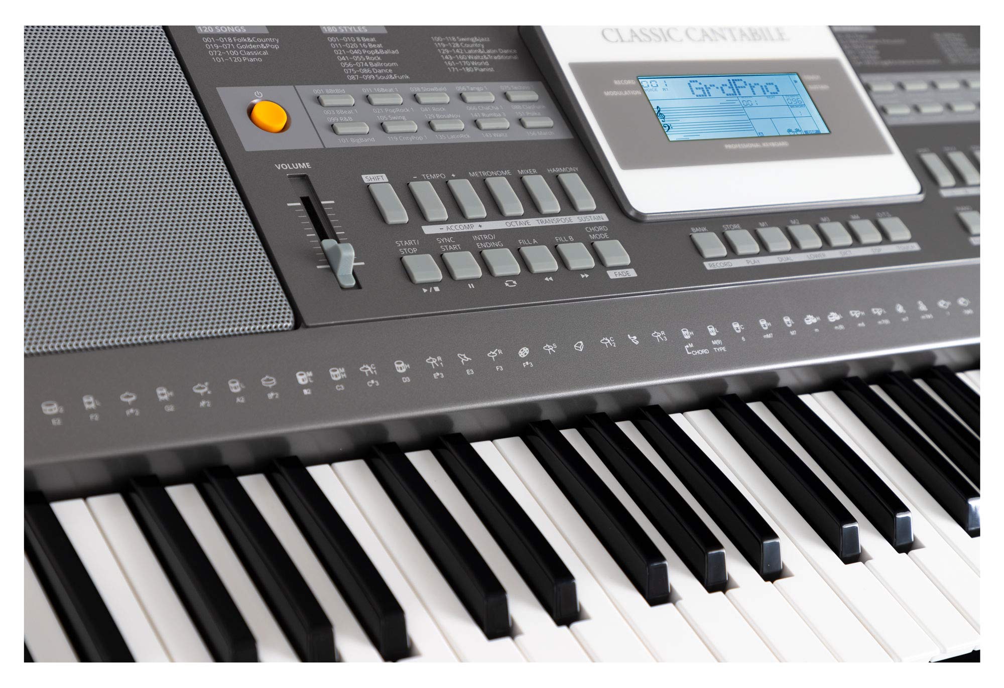 Classic Cantabile CPK-303 Keyboard - 61 Tasten mit Anschlagdynamik - 508 Klänge und 180 Begleitrhythmen - Anschlüsse für Kopfhörer und Sustain-Pedal - grau