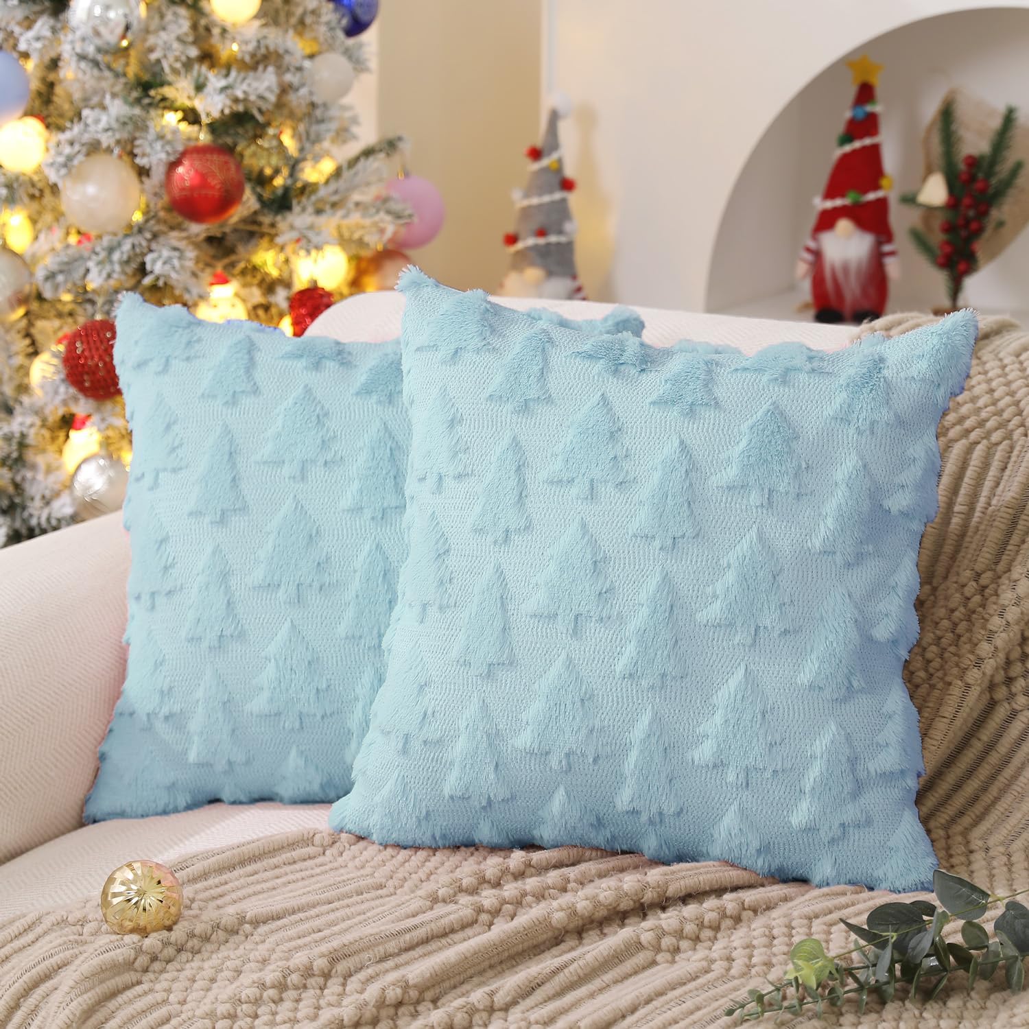 DFXSZ Christmas Tree Pillow Covers 20x20 inch Set of 2 Christmas Decoration Blue Soft Plush Faux Fur Jacquard Throw Pillows for Bedroom Sofa Holiday Festivals Winter Home Decor PTK006F20