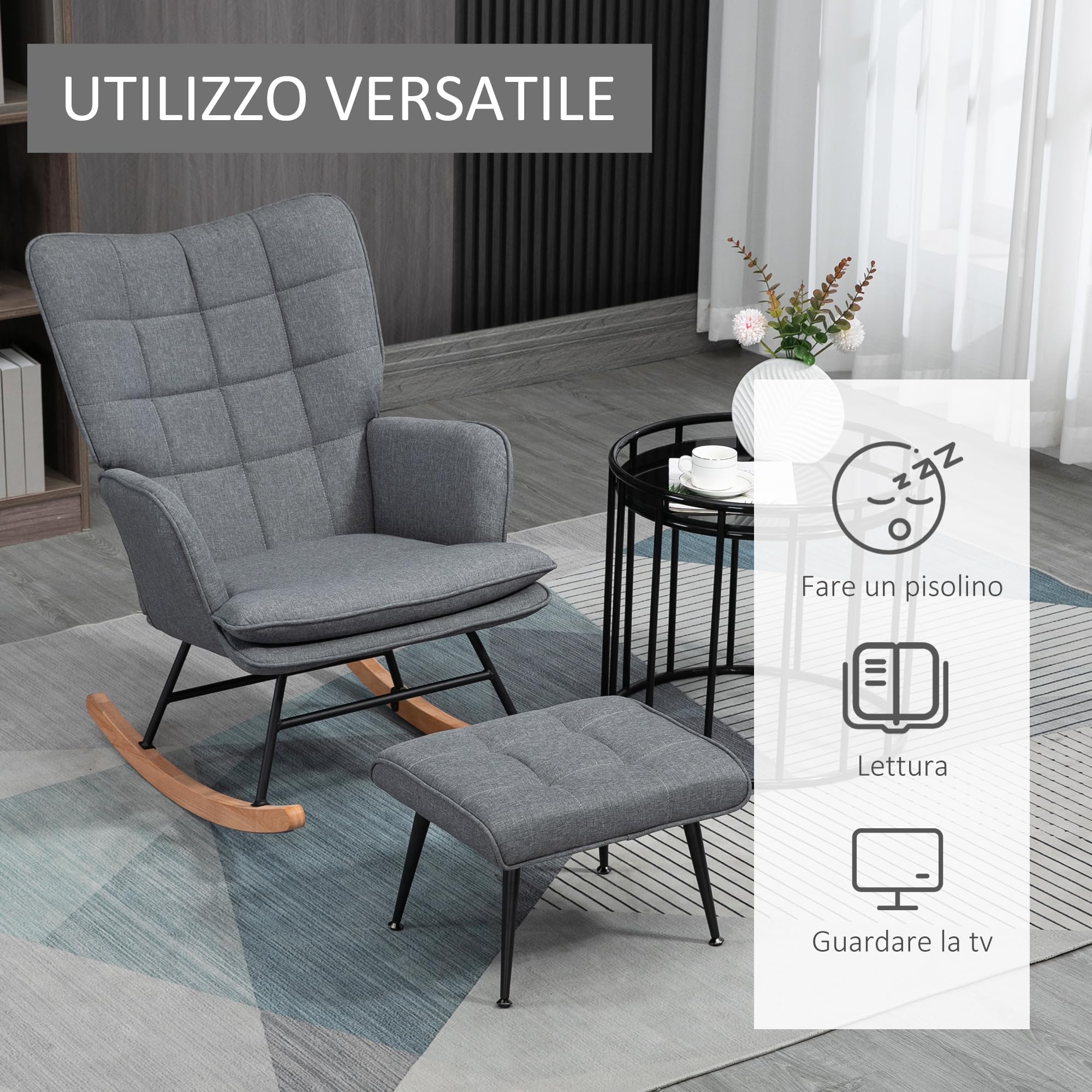 HOMCOM Sedia a Dondolo con Pouf Poggiapiedi in Tessuto Effetto Lino e Legno di Caucciù, Poltrona a Dondolo con Cuscino, Schienale Alto, Braccioli, Capacità 130kg, per Camera da Letto Soggiorno, Grigio